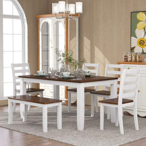 TREXM Rustic Style 6-Piece Dining Room Table Set with 4 Upholstered Chairs & a Bench (Brown + Whitewash)、、casual