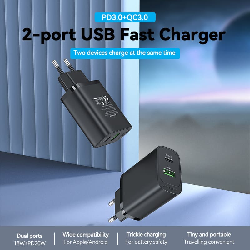 Vention 2-port USB(A+C) Wall Charger (18W+20W) EU-Plug Black、mySite、fannypackpong