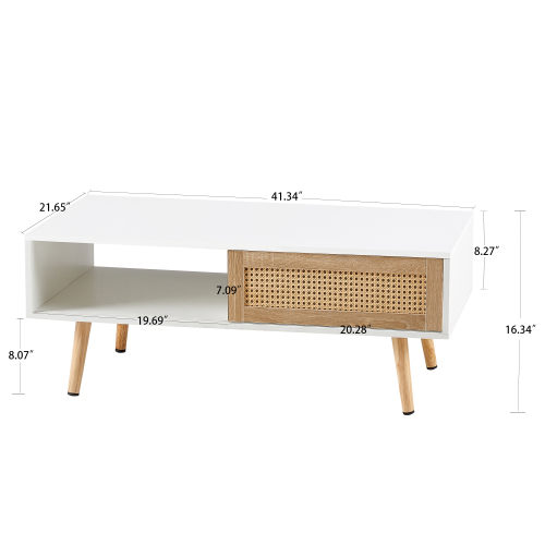 41.34" Rattan Coffee table, sliding door for storage, solid wood legs, Modern table for living room , natural、、casual