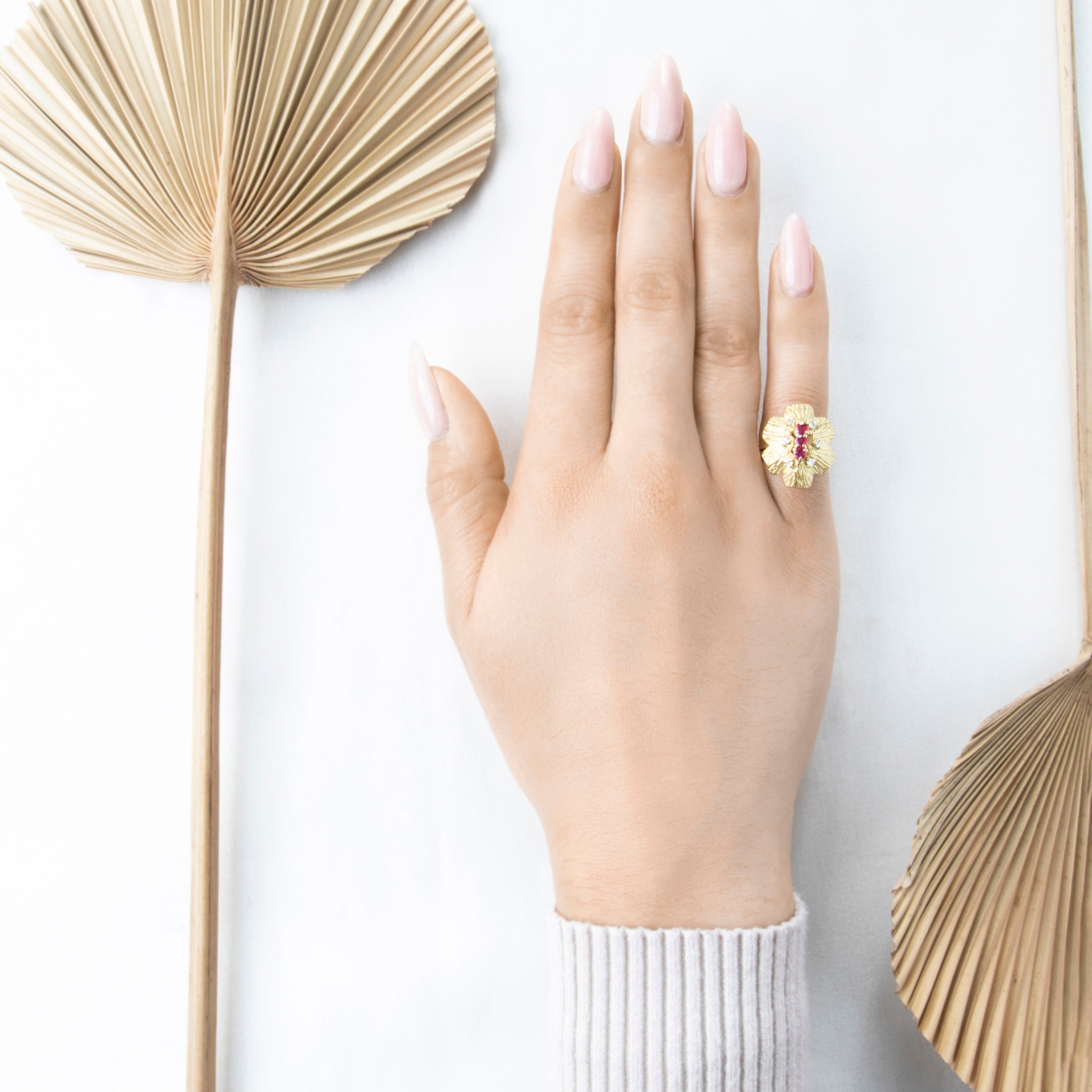 Vintage 18k Yellow Gold Ruby Diamond Bold Floral Cocktail Ring 5.75、mySite、hinf8tx79