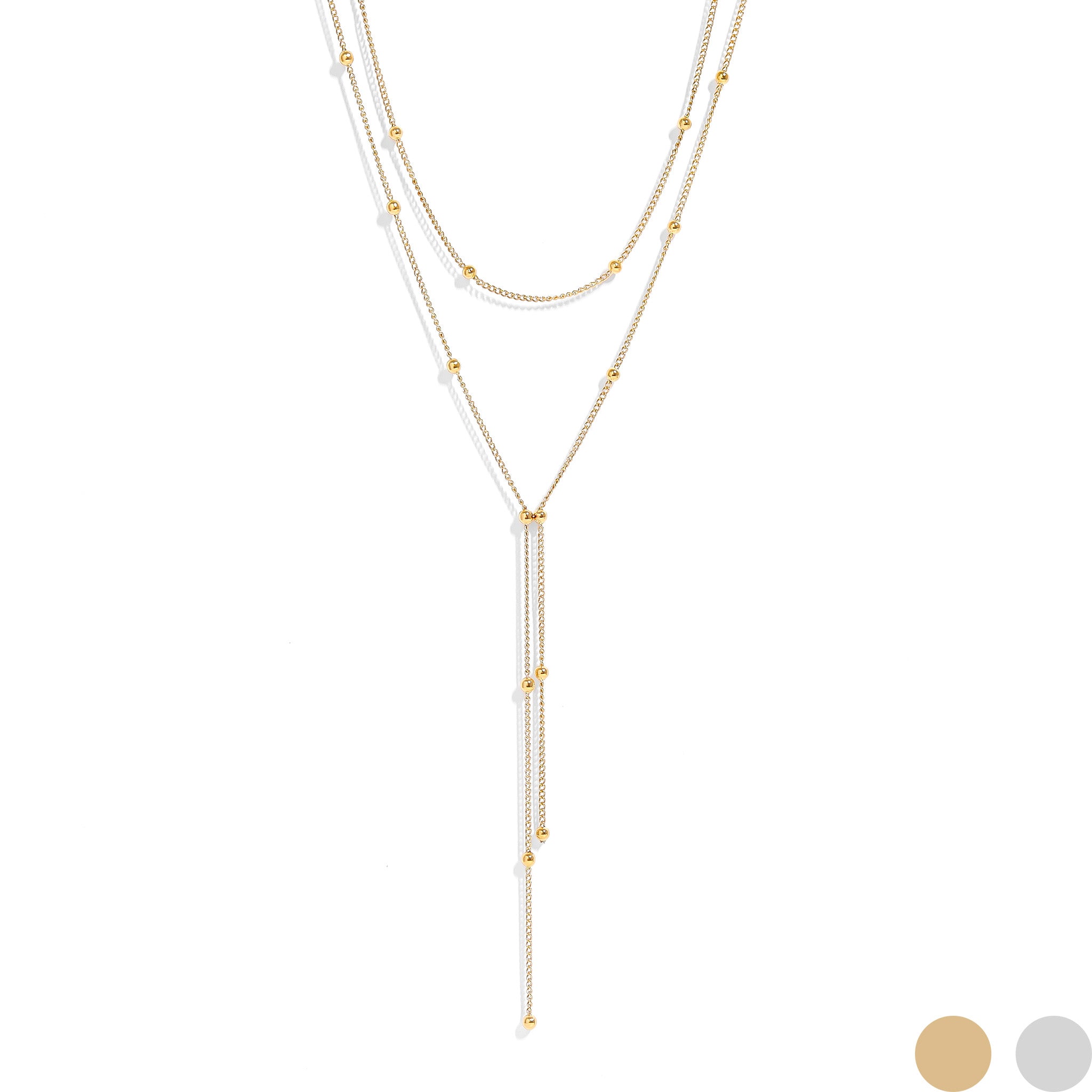 18K Gold PVD Stainless Steel Lariat Necklace Double Ball Bead / CHN0061、mySite、dreamappss
