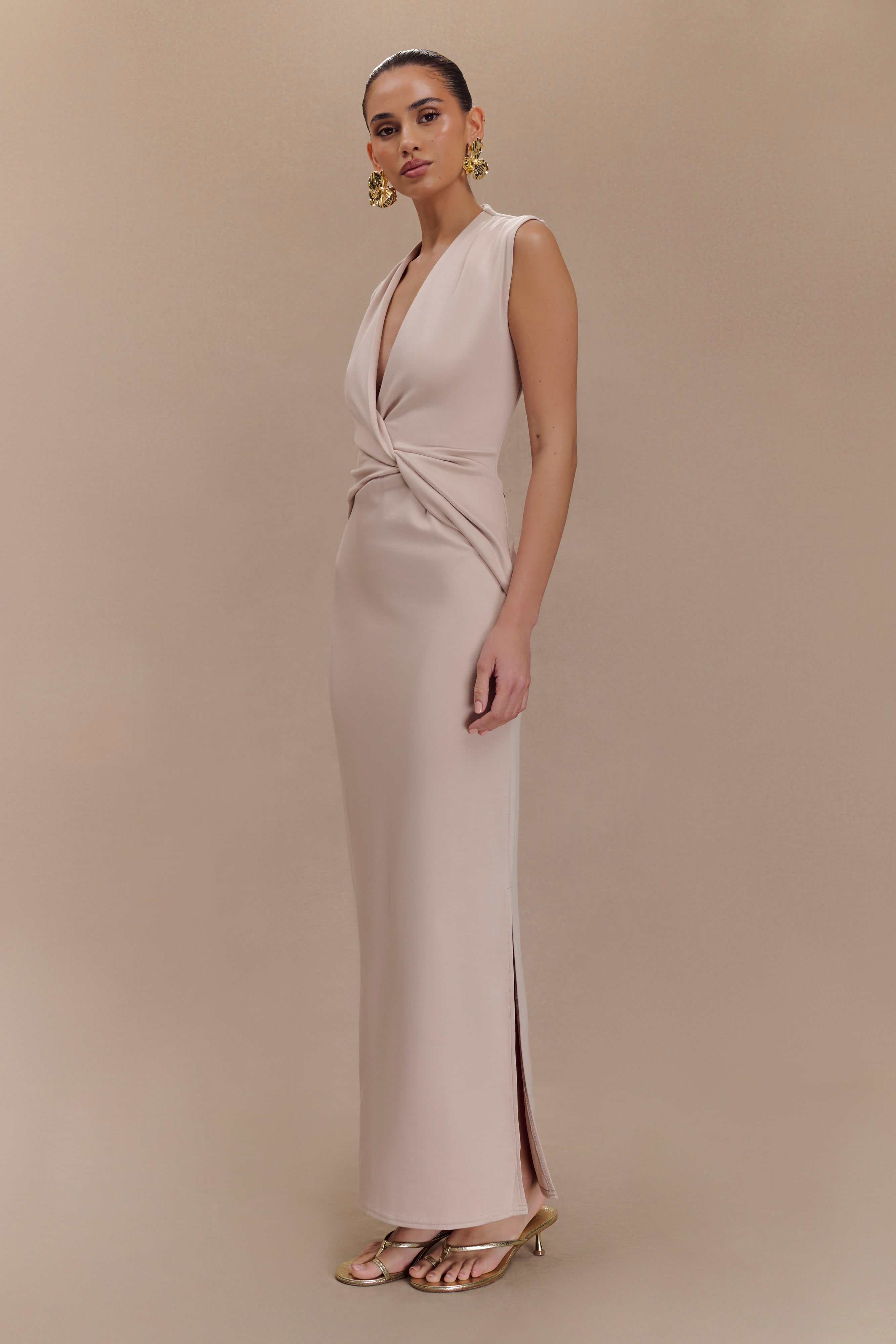 Lorelei Crepe Twist Midi Dress - Taupe、mySite、solidvoid