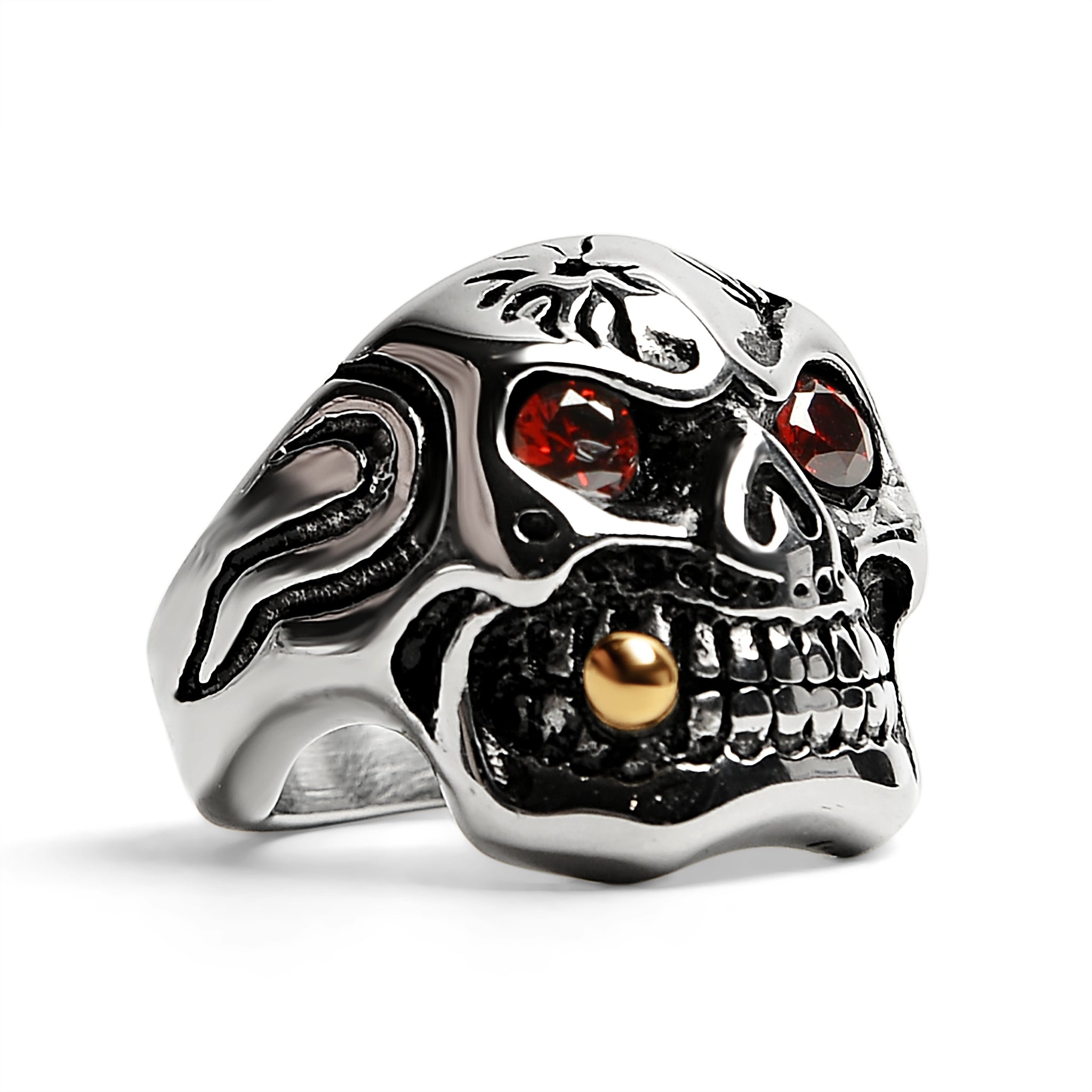 Stainless Steel Bullet Cigar Smoking Red CZ Eyed Skull Ring / SCR3074、mySite、dreamappss