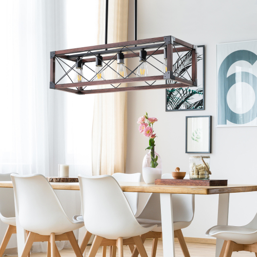 (Same as W1340P155968/L1011-RW) 32" Red Wood Industrial Farmhouse Rectangle Pendant Light, 5-Light Chandelier for Dining Room, Kitchen Island, Cafe Decor (No Bulbs)、、eastwooduniform