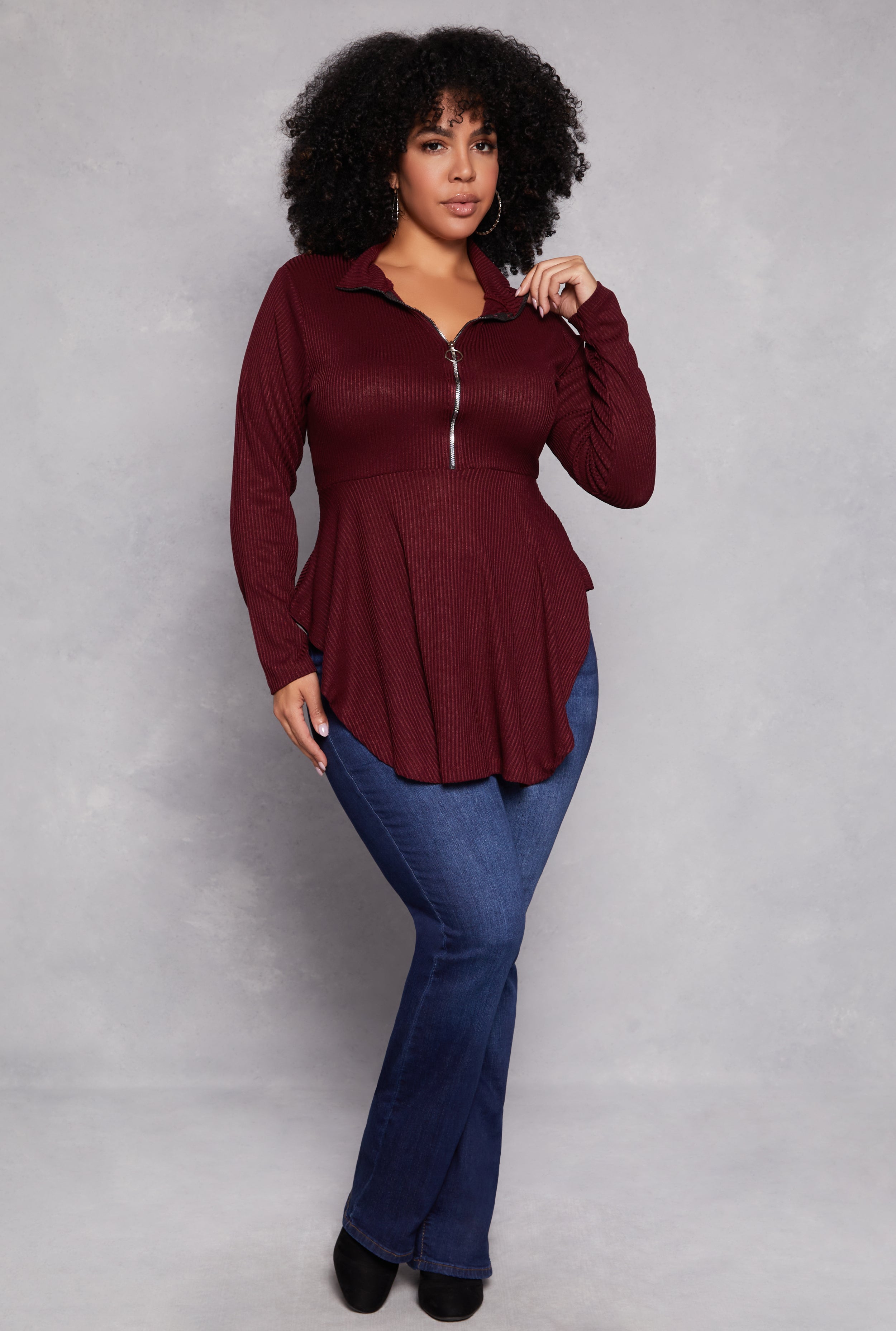 Plus Size Half Zip Peplum Top、mySite、camillekostekn