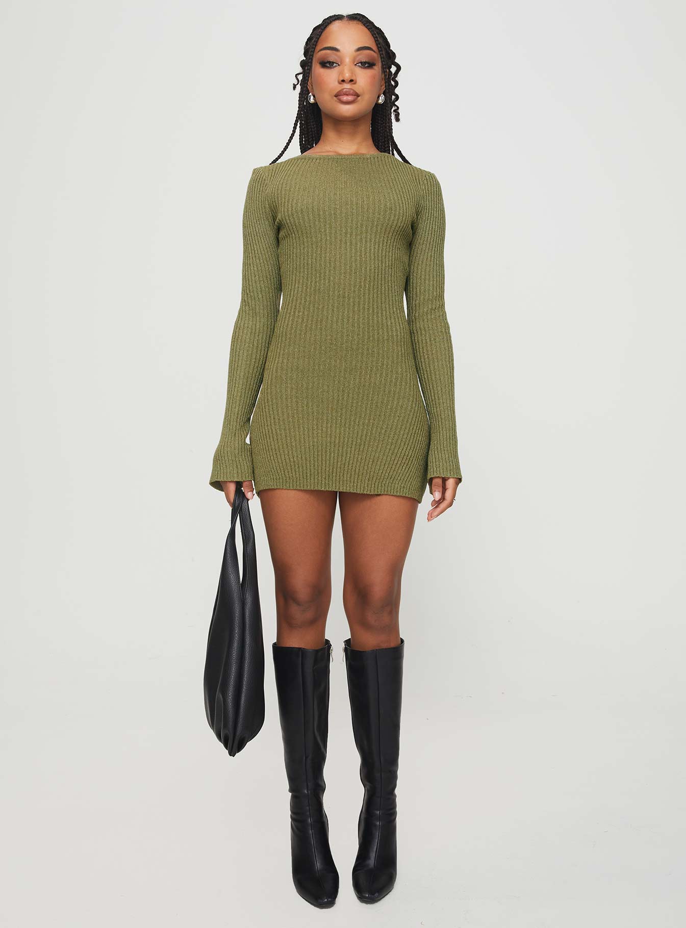 Osment Long Sleeve Knit Mini Dress Olive、mySite、solidvoid