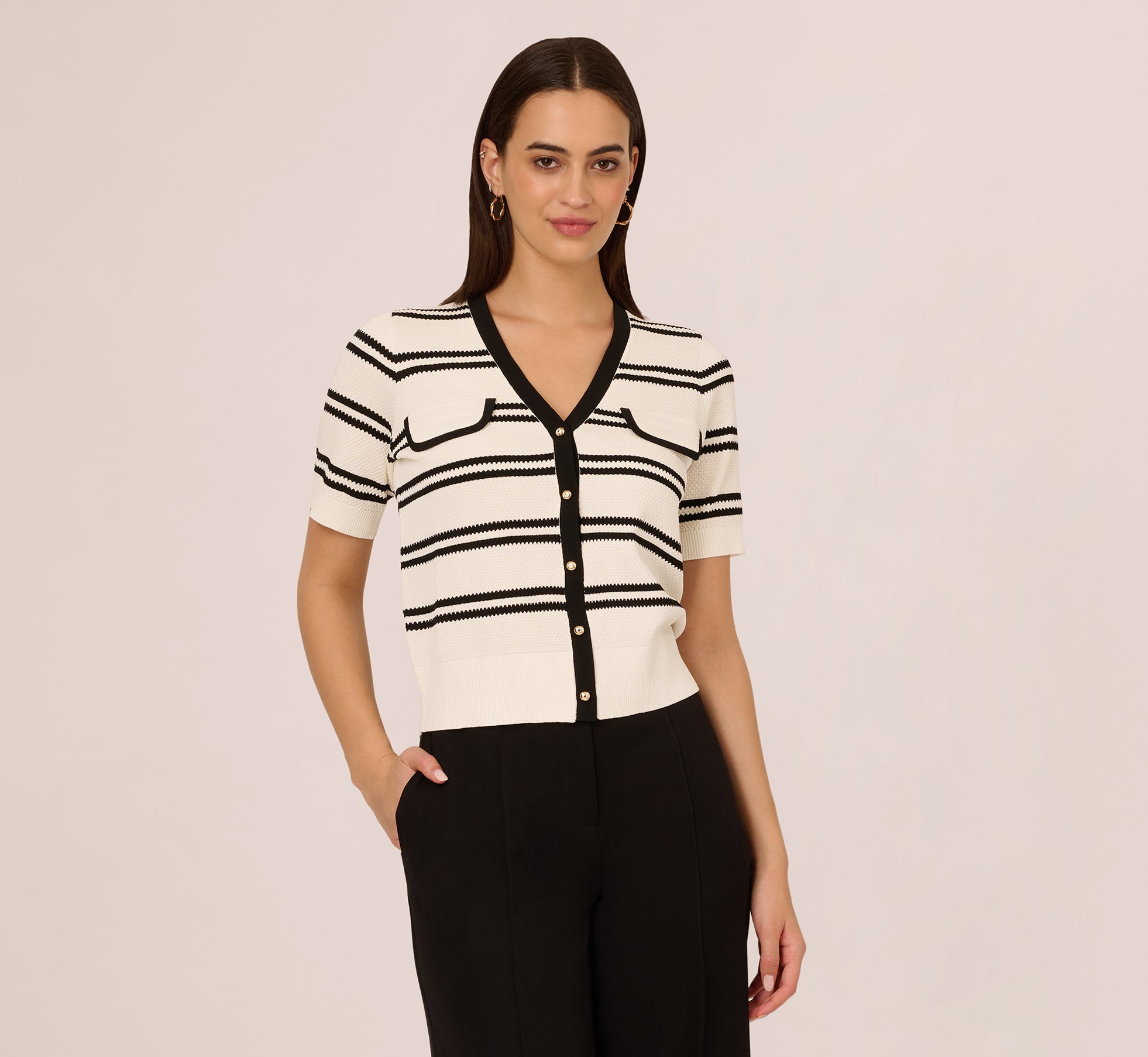 Short Sleeve Textured Striped Cardigan In Ivory Black、mySite、solidvoid