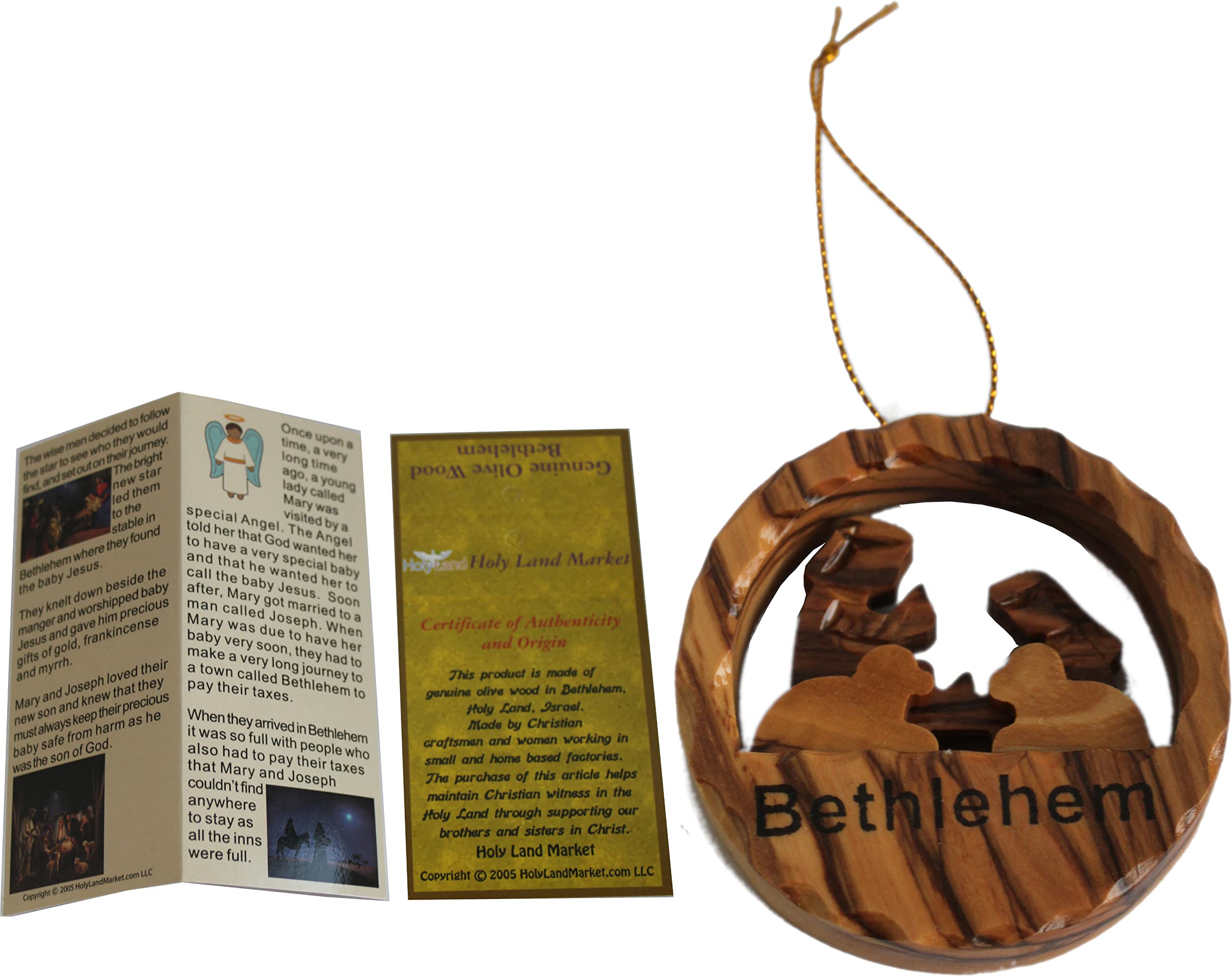  Holy Land Market Hand Carved Thick Olive Wood Tree Ornament Gift - with Certificate and Gold String ( 2.5 Inches in Diameter )、mySite、elrpsem3k