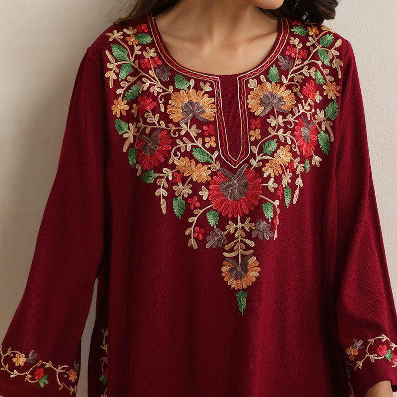 Woolen Kurta For Women | Floral Embroidered | Maroon、mySite、camillekostekn