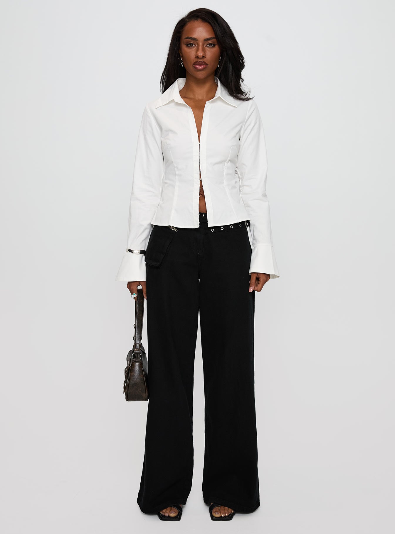 By The Phone Long Sleeve Collared Top White、mySite、solidvoid