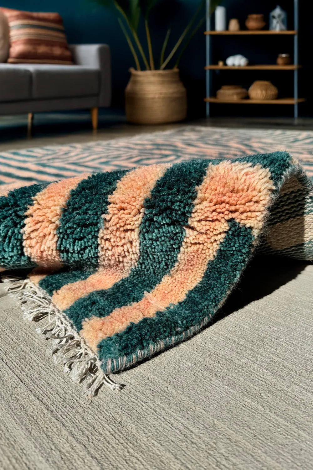 Green and Peach Maze Moroccan Shag Wool Rug、mySite、gigharbornorthrealestate