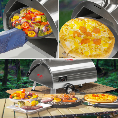 Silver Pizza Oven Outdoor 12" Semi-Automatic Rotatable Pizza Ovens Portable Stainless Steel Wood Fired Pizza Oven Pizza Maker with Built-in Thermometer Pizza Cutter Carry Bag、、eastwooduniform
