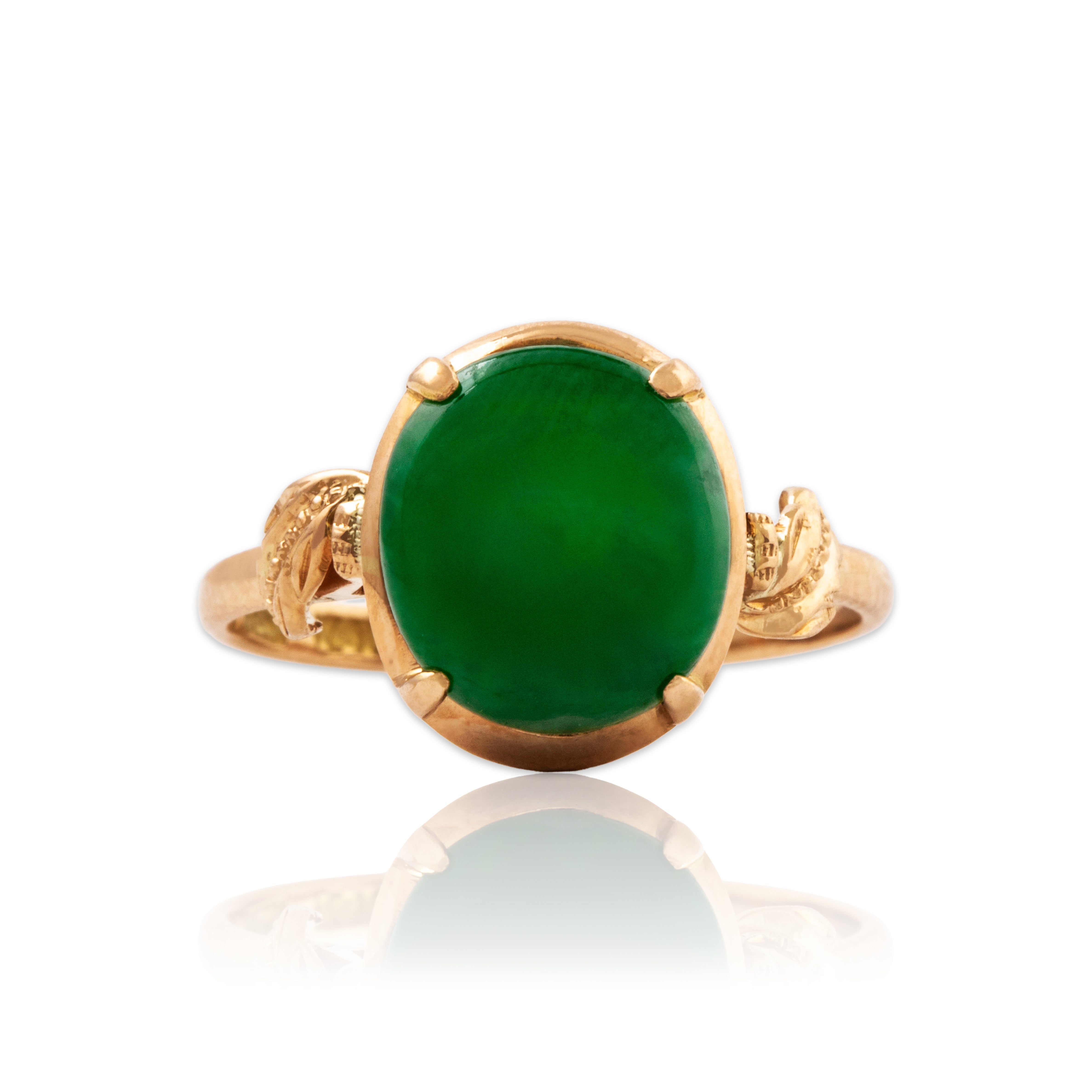 Vintage 14k Rosy Yellow Gold 1.5ct Green Jade Detailed Shoulders Ring 6.25、mySite、hinf8tx79