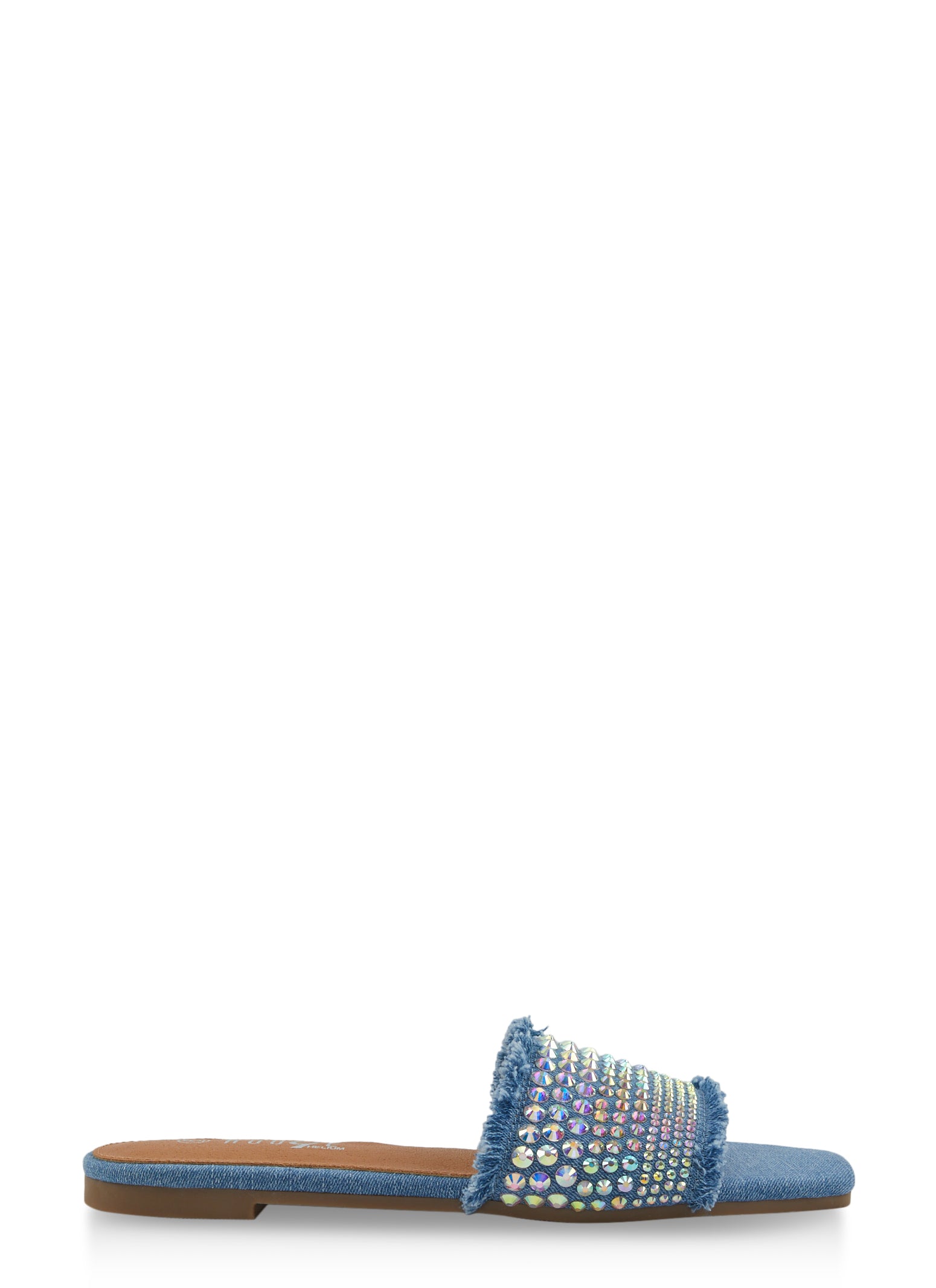 Frayed Denim Rhinestone Slide Sandals、mySite、camillekostekn