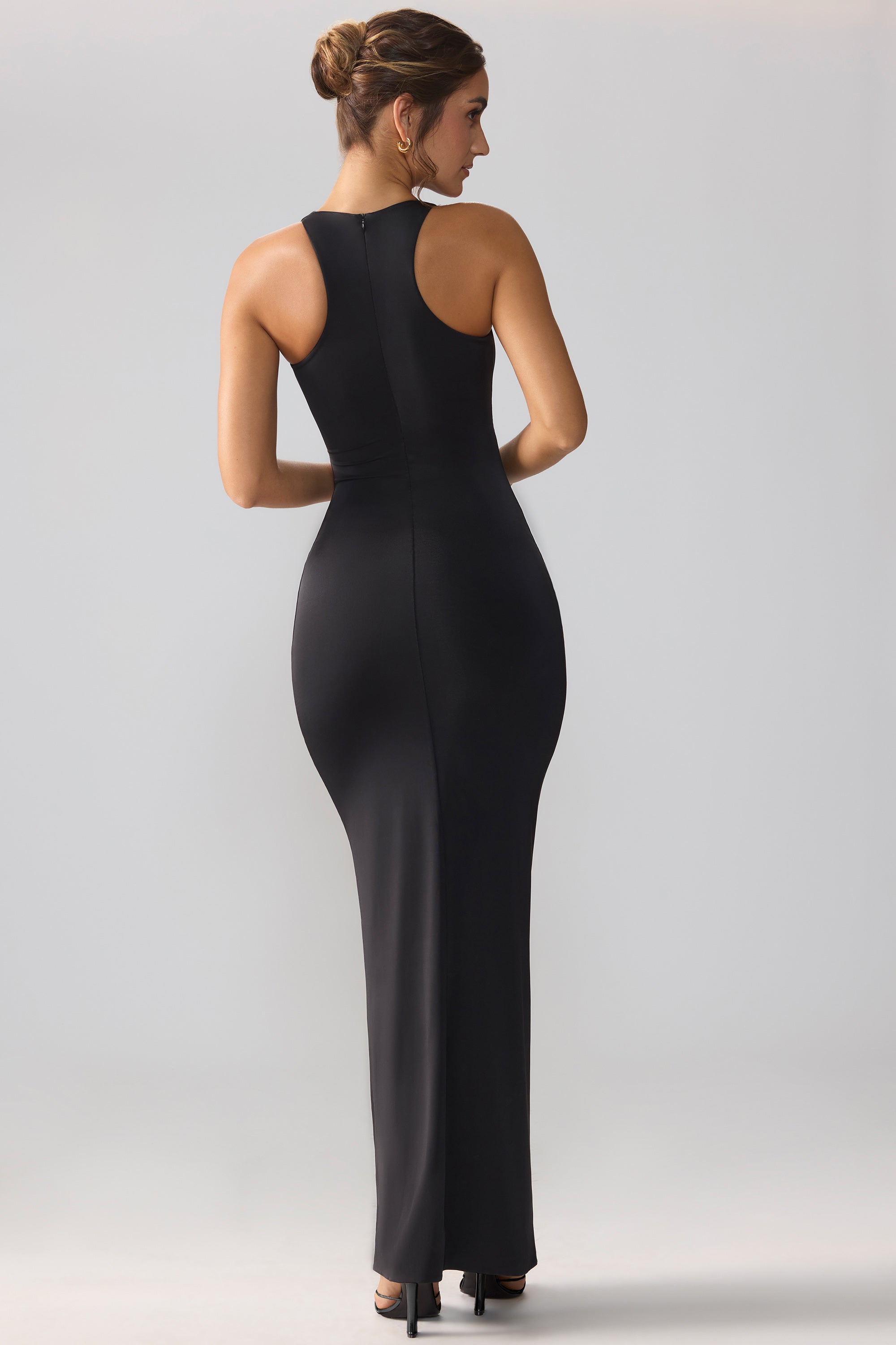 Slinky Jersey Cut Out Ruffle Racerback Maxi Dress in Black、mySite、solidvoid