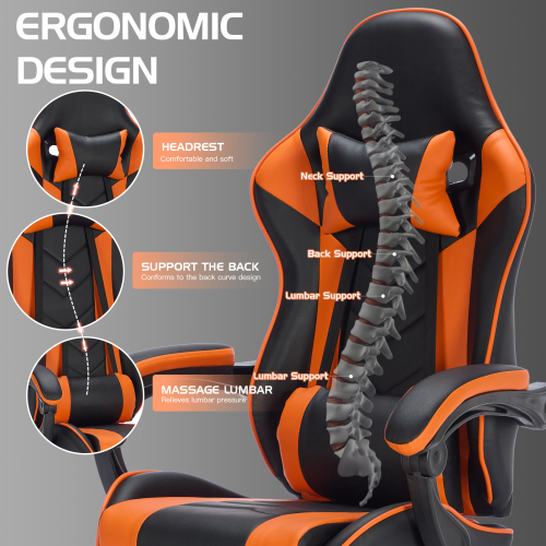 Gaming Chair with Footrest, Ergonomic Computer Chair with Headrest and Lumbar Support, Breathable Material Height Adjustable Video Game Chairs for Adults, Black Orange、、casual