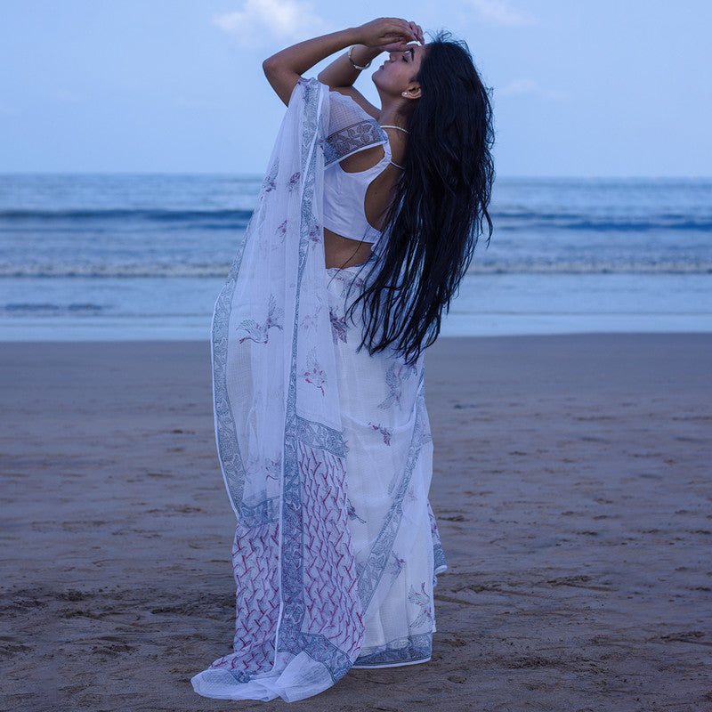 Kota Handblock Printed Saree | White & Blue、mySite、camillekostekn