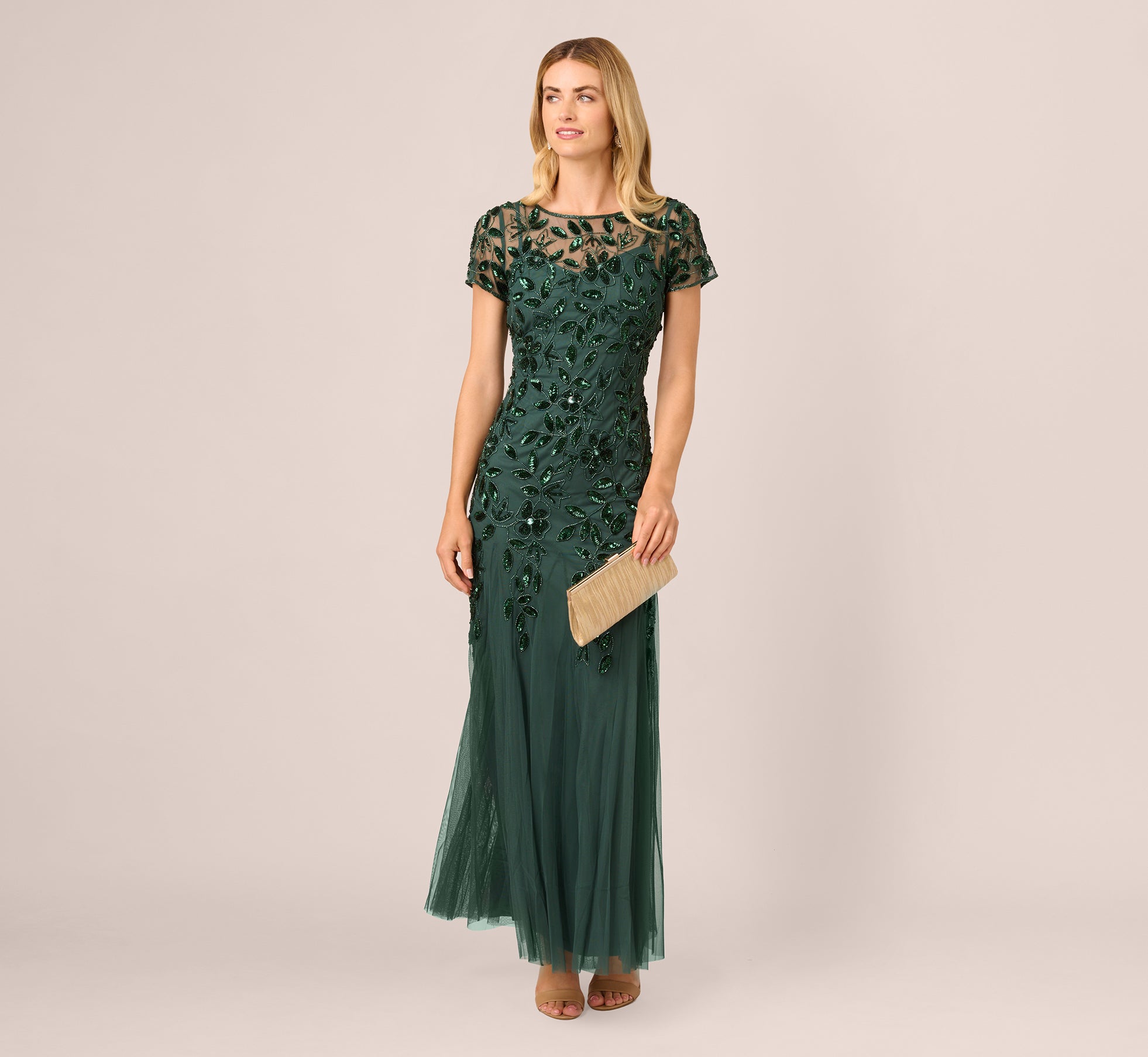 Hand Beaded Short Sleeve Floral Godet Gown In Dusty Emerald、mySite、solidvoid