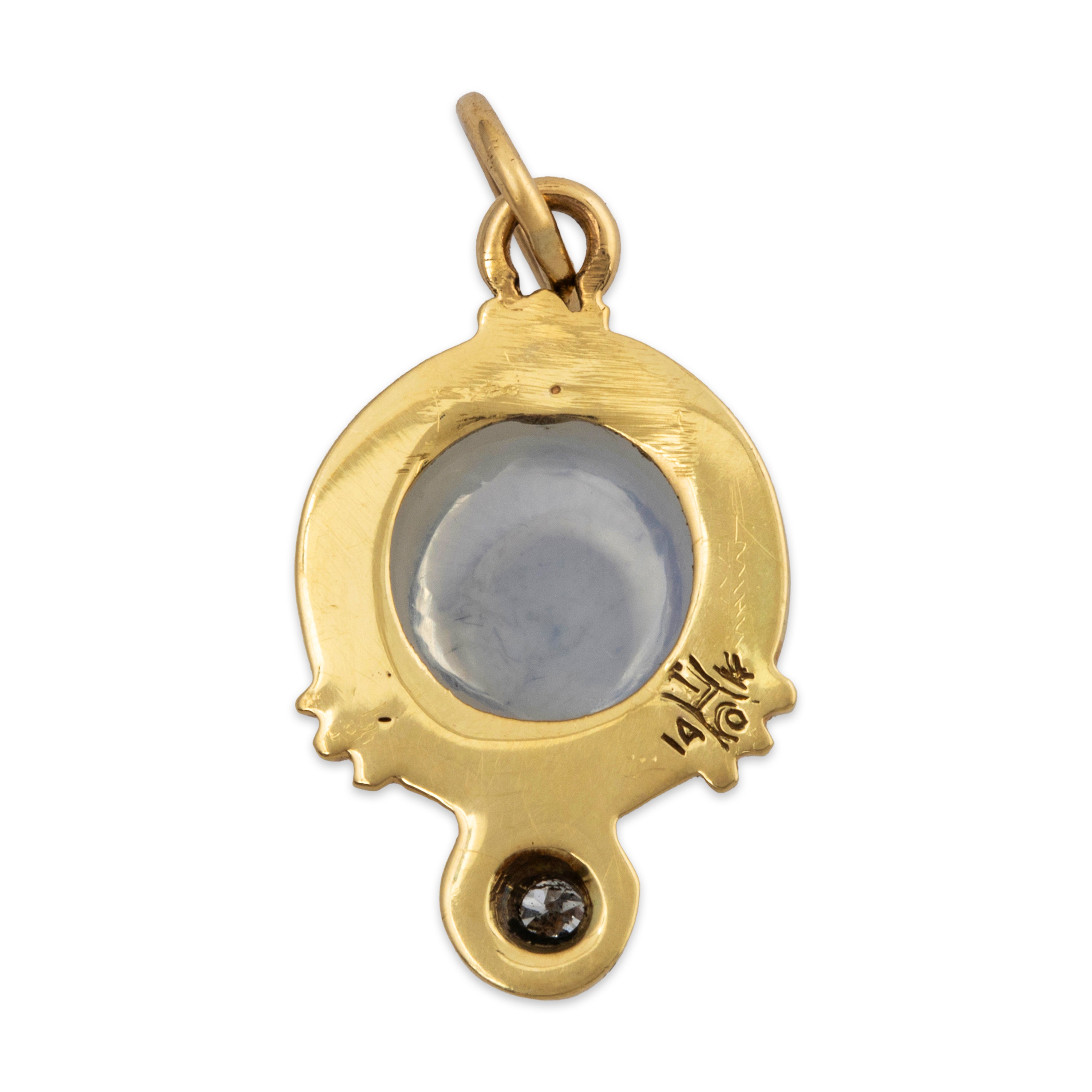 Antique 14k Yellow Gold 1.79ct Blue Sheen Moonstone Diamond Enamel Charm Pendant、mySite、hinf8tx79