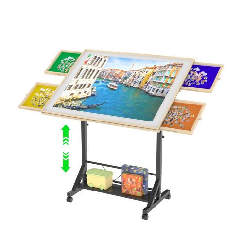 Wooden 1500 Piece Puzzle Table with Drawer, 35"*27.17" Adjustable Puzzle Table, 360° Tilting Puzzle Table with Legs and Wheels, Adjustable Height and Angle, with Protective Cover ( BACK TO SCHOOL )、、casual