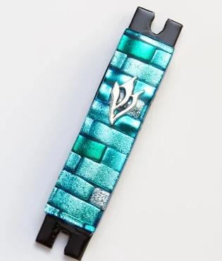 Sea Blue and Silver Brick Fused Glass Mezuzah by Daryl Cohen、mySite、topwebapps