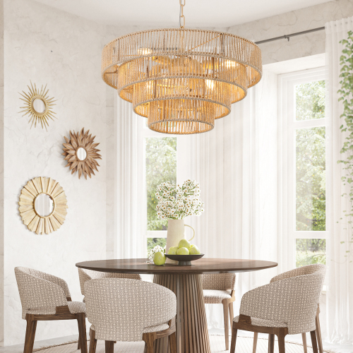 (Same as W1340P155976/L1019-4) 20" Modern 4-Layer Woven Hemp Rope Chandelier, Boho Style Pendant Light, Elegant Hanging Light Fixture for Living Room, Dining Room, Bedroom (No Bulbs)、、eastwooduniform
