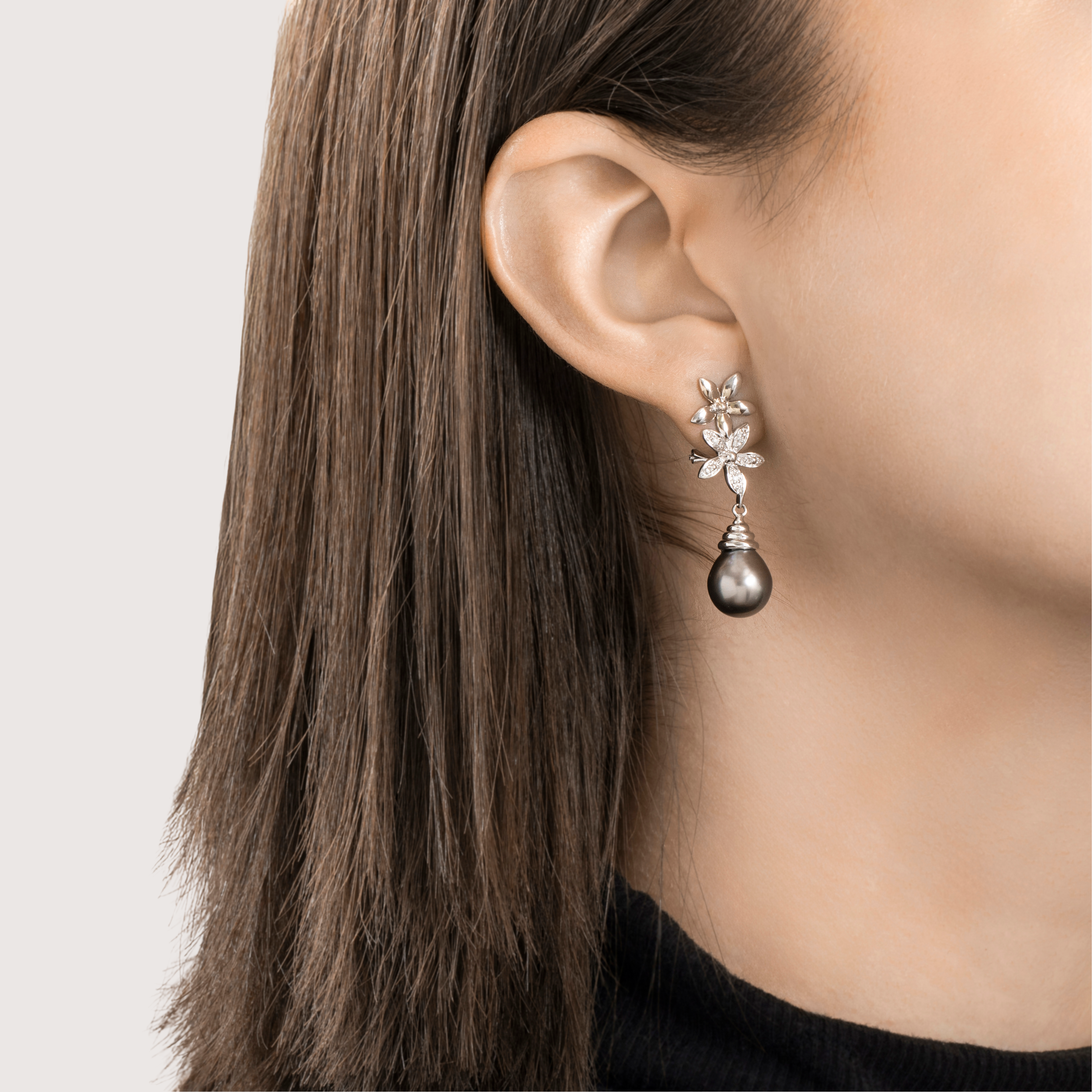 Vintage 14k White Gold Tahitian Pearl Diamond Wonderful Floral Dangle Earrings、mySite、hinf8tx79