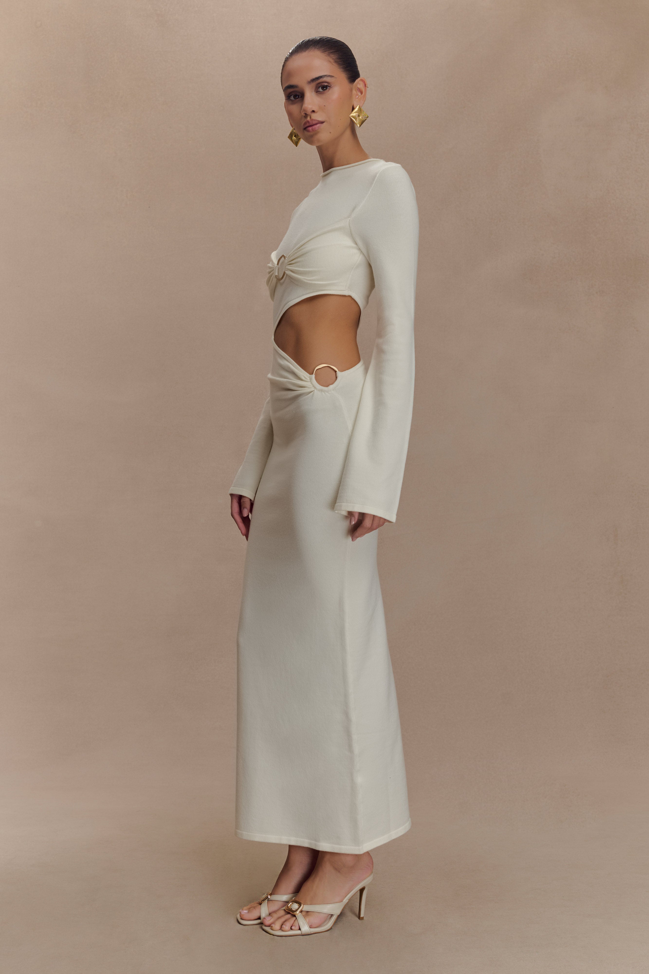 Azariah Long Sleeve Knit Midi Dress - Ivory、mySite、solidvoid