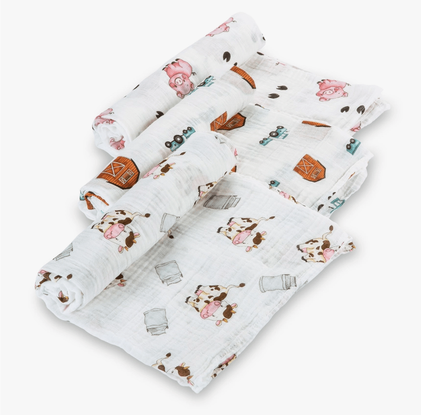 Farm Scene Set of Muslin Swaddle Blankets by LollyBanks- Pig, Cow, Tractor、mySite、g9winljtr