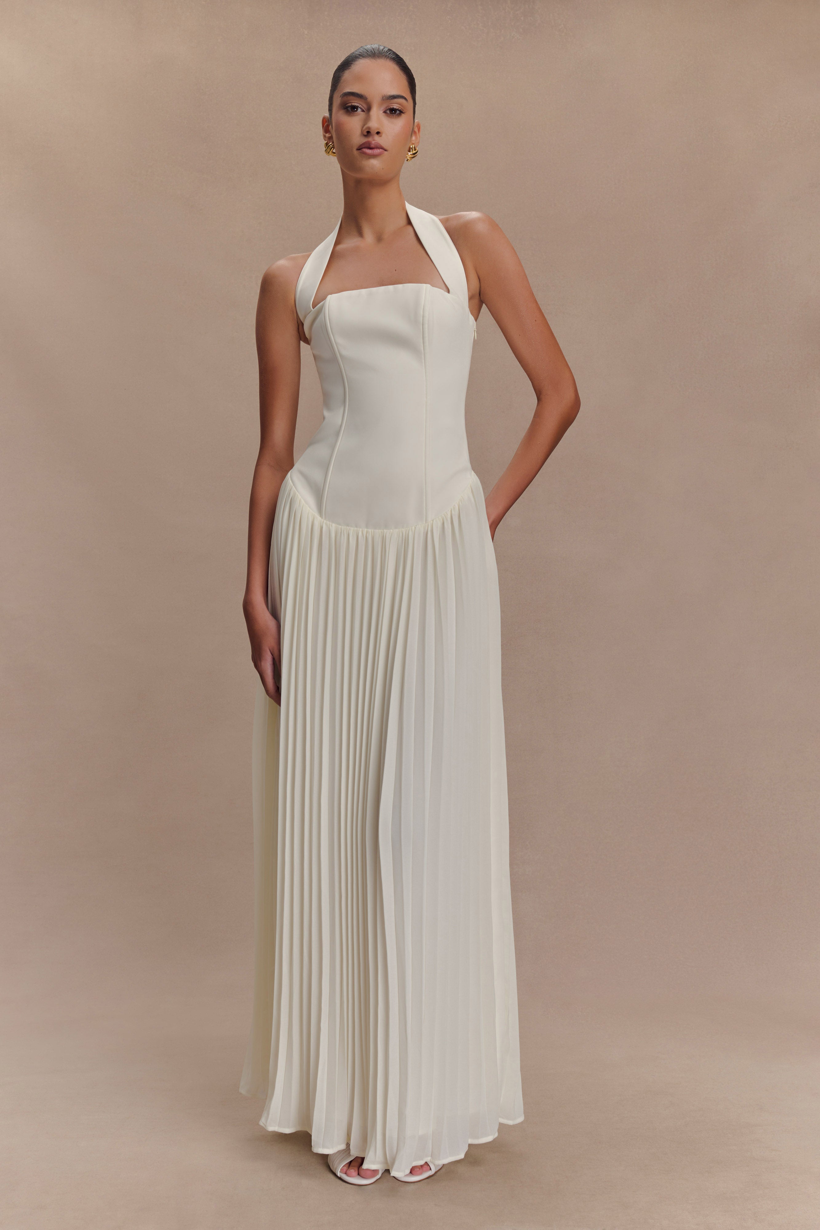 Stacie Pleated Halter Maxi Dress - Ivory、mySite、solidvoid
