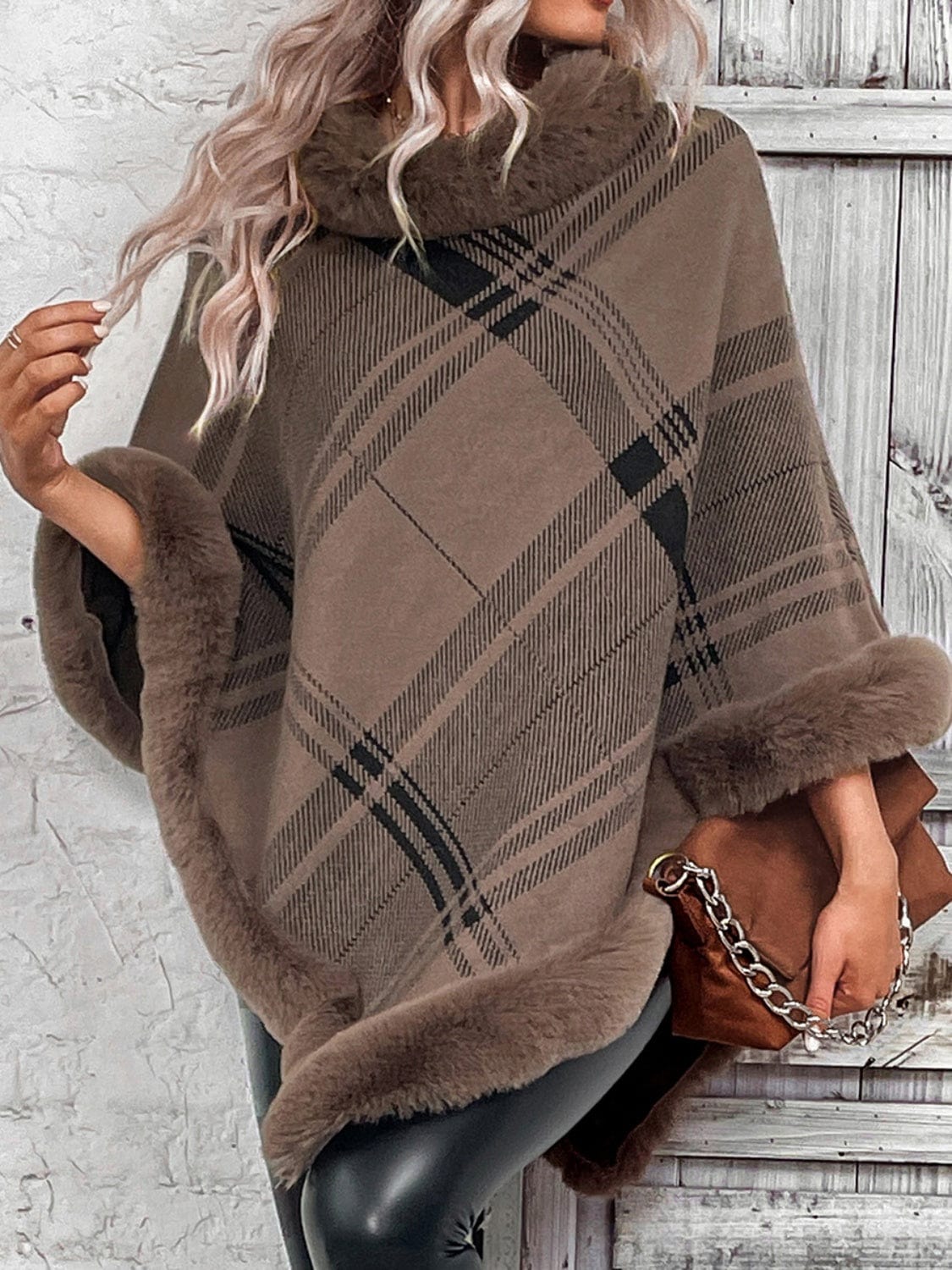 Plaid Faux Fur Trim Poncho、mySite、g9winljtr