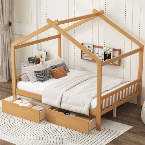Twin Size House Platform Bed with Headboard and Footboard,Roof Design,Natural、、casual