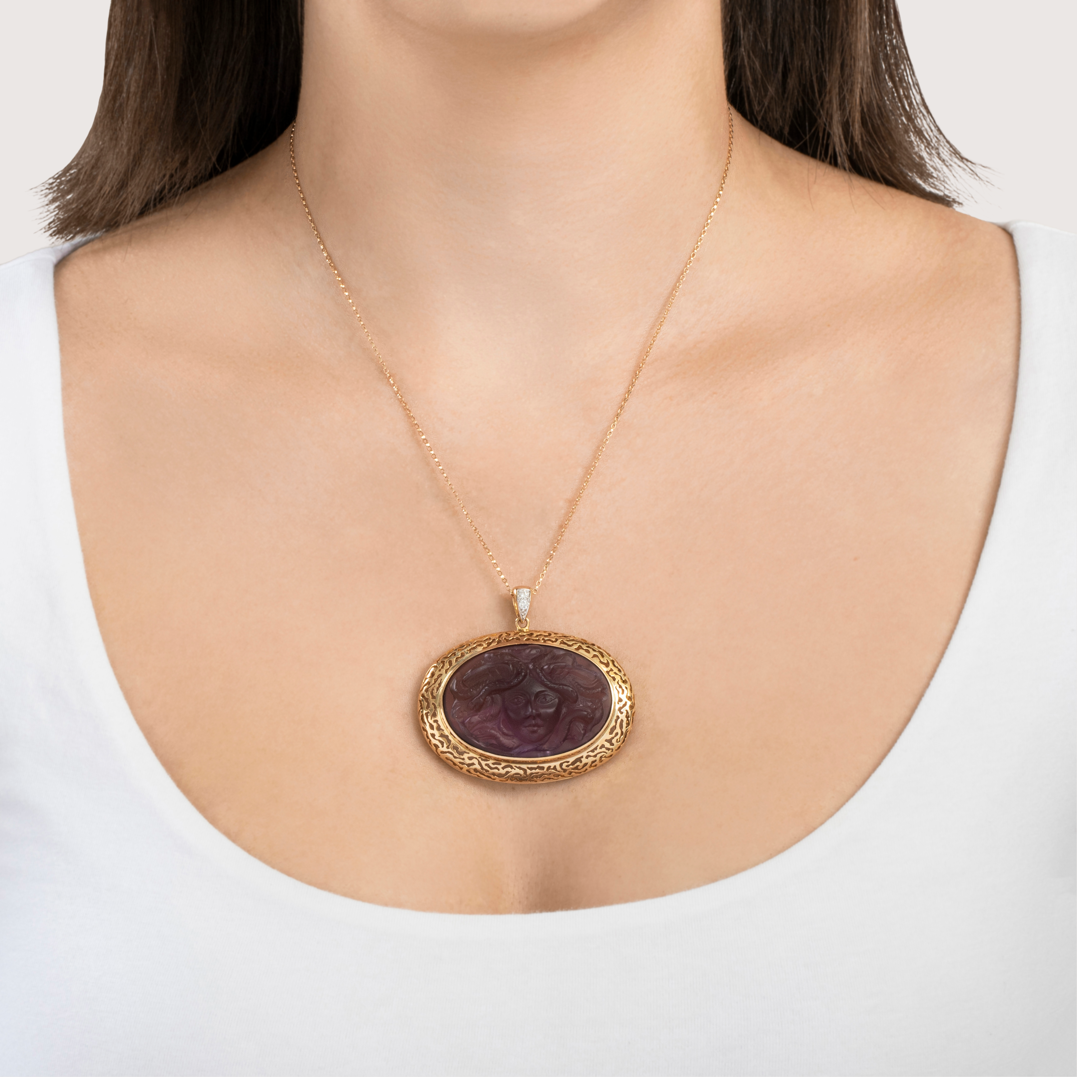 Vintage Oversized 18k Yellow Gold 95ct Amethyst Diamond Carved Medusa Pendant、mySite、hinf8tx79