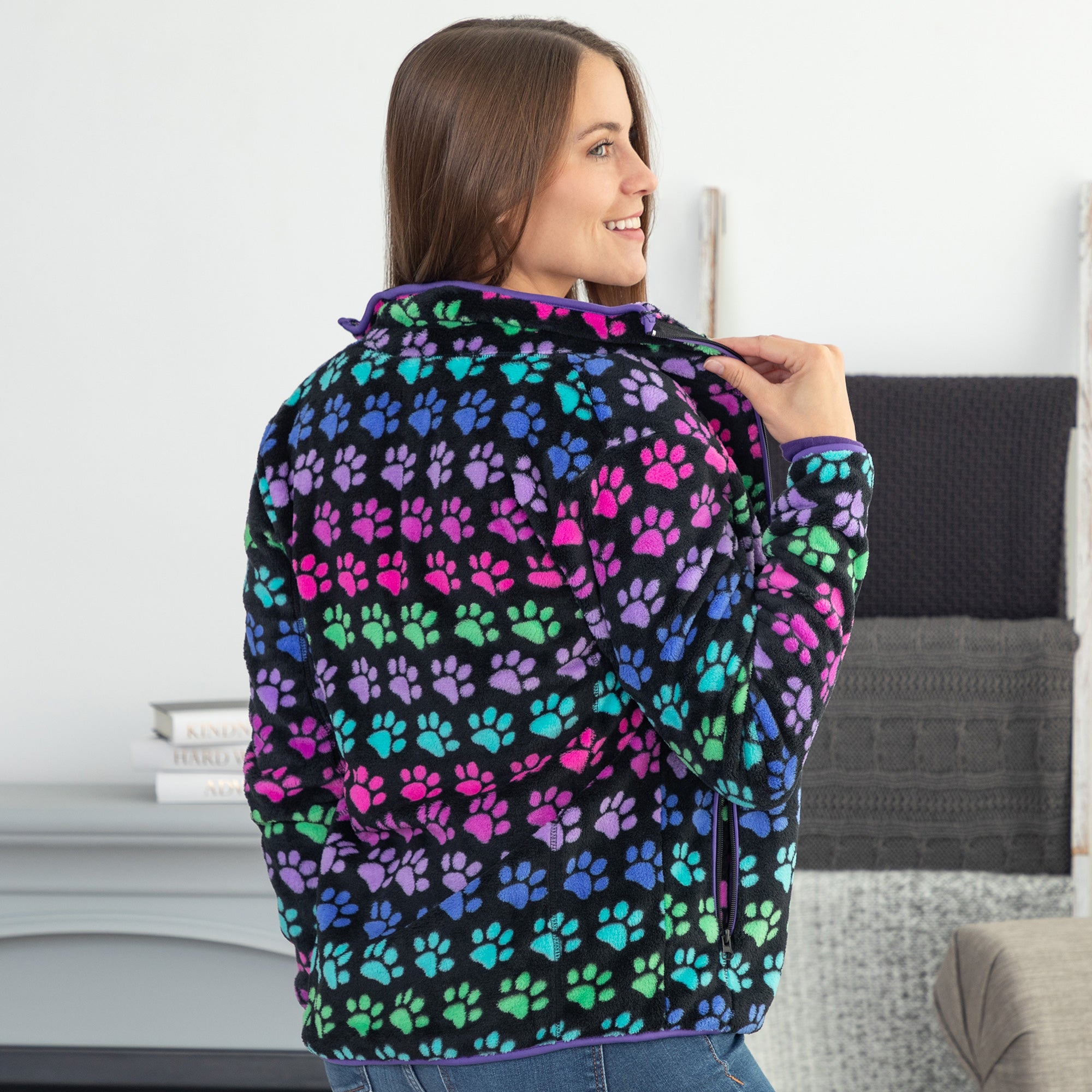 Printed Paws Fleece Trimmed Zippered Jacket、mySite、camillekostekn