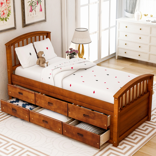 Orisfur. Twin Size Platform Storage Bed Solid Wood Bed with 6 Drawers、、casual