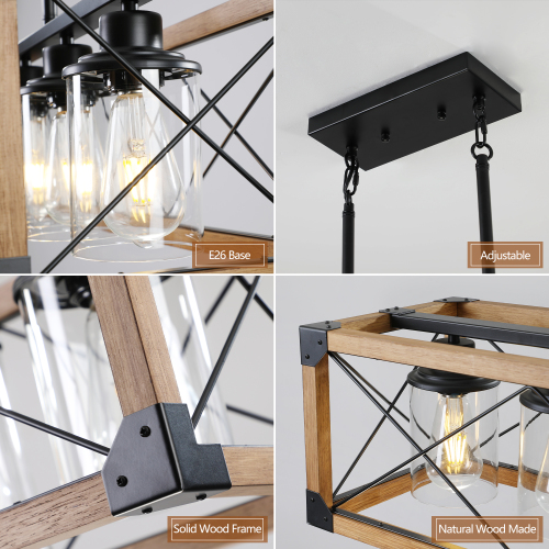 (Same as W1340P155968/L1011-RW) 32" Red Wood Industrial Farmhouse Rectangle Pendant Light, 5-Light Chandelier for Dining Room, Kitchen Island, Cafe Decor (No Bulbs)、、eastwooduniform