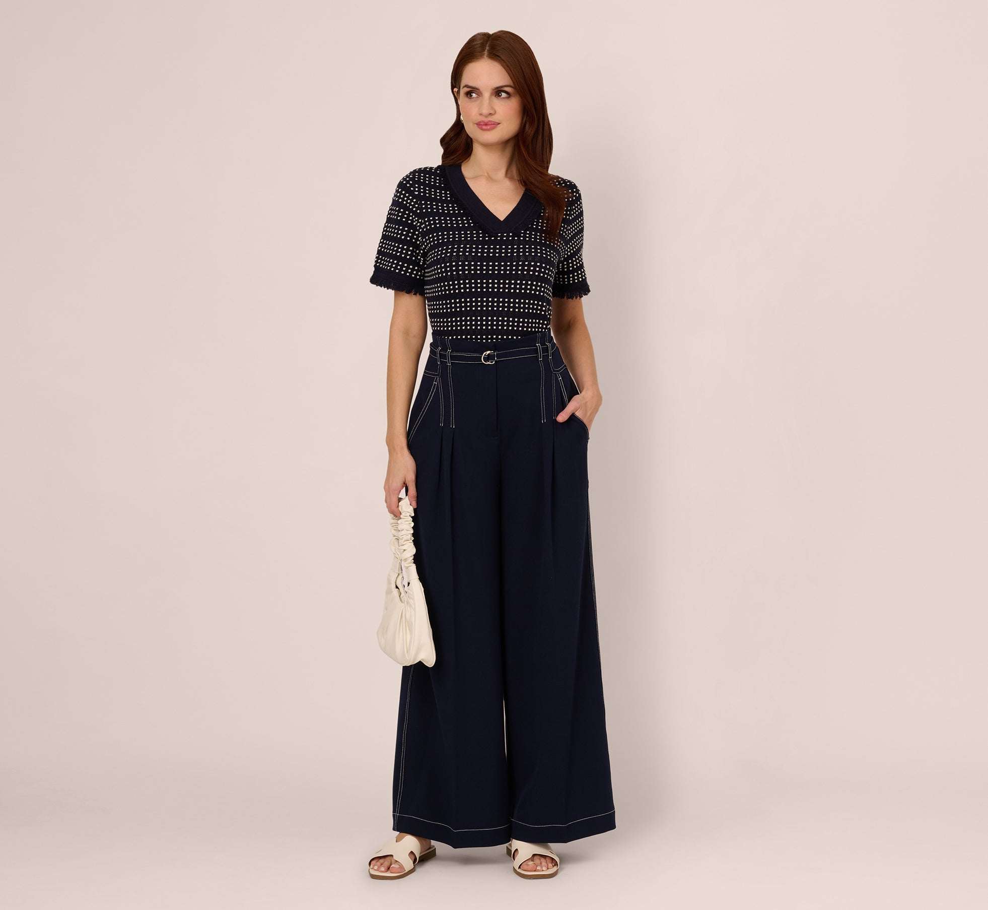 Topstitch Wide Leg Paperbag Pant With Belt In Navy Ivory、mySite、solidvoid