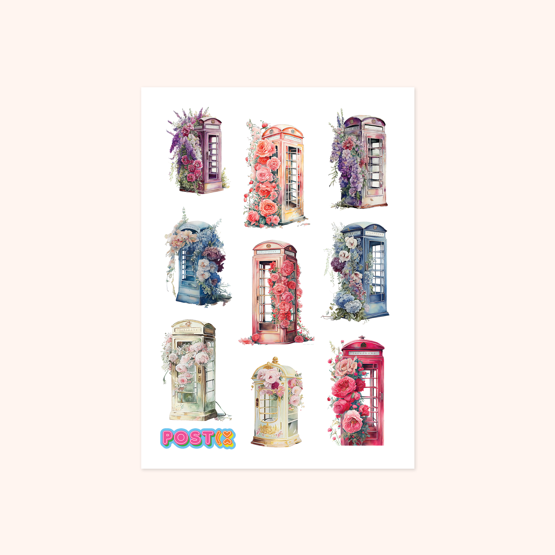 Vintage Floral Telephone Booths A6 Washi Sticker Sheet、mySite、ghnorth