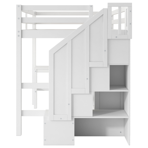 Twin Size Loft Bed with L-Shaped Desk and Drawers, Cabinet and Storage Staircase, White、、casual