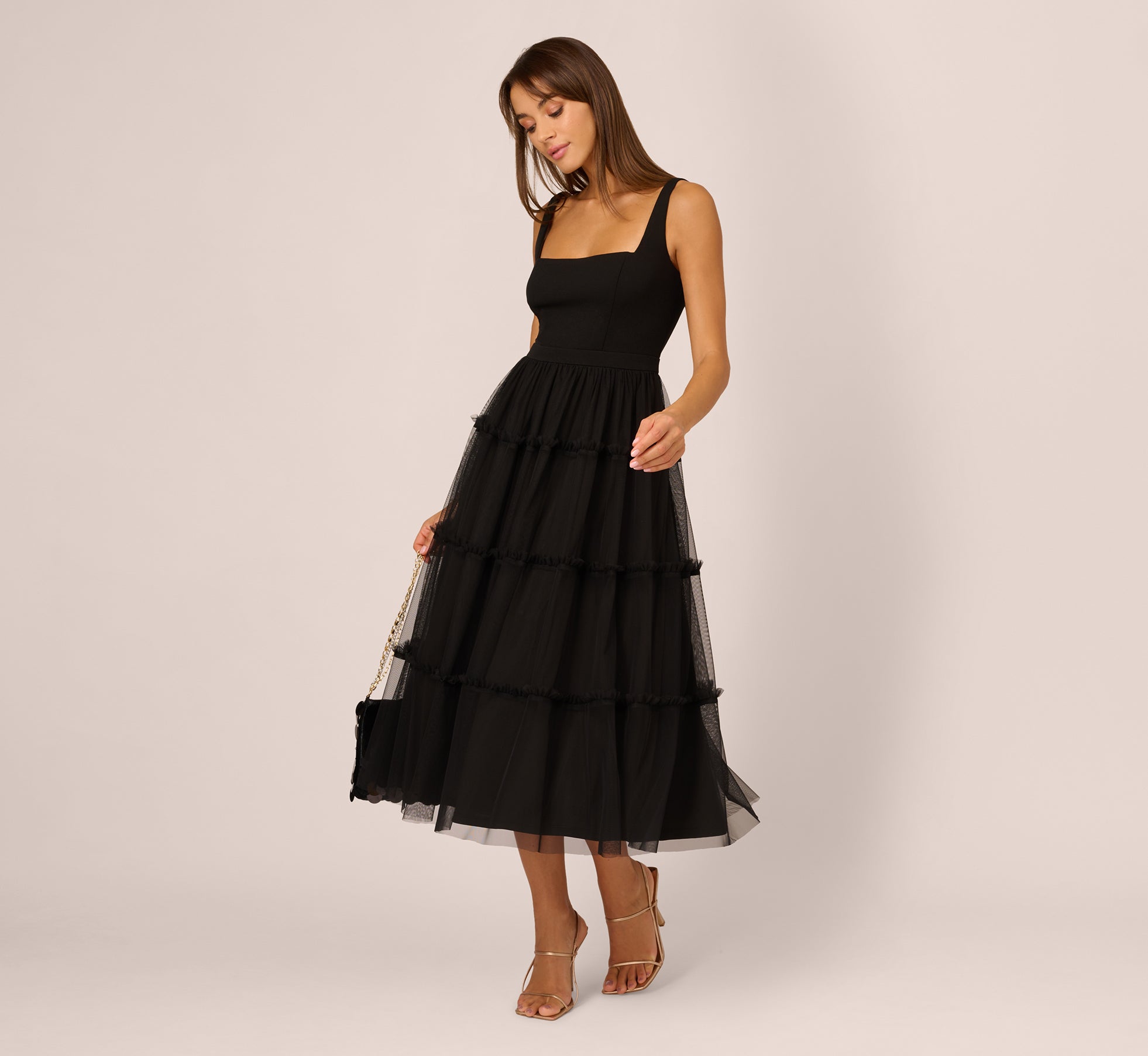 Sleeveless Midi Dress With Square Neck And Tiered Skirt In Black、mySite、solidvoid