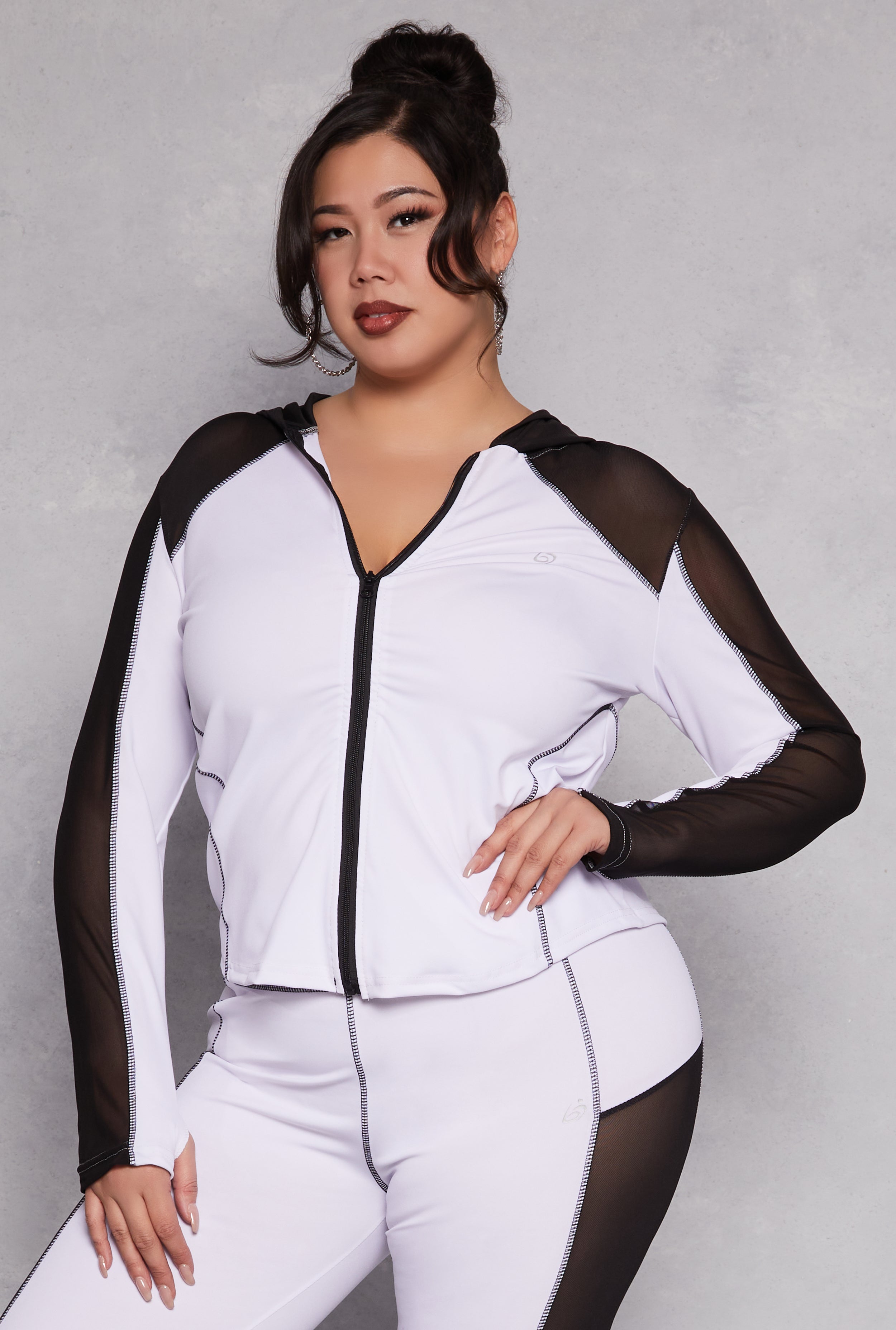 Plus Size Mesh Insert Hooded Active Top、mySite、camillekostekn