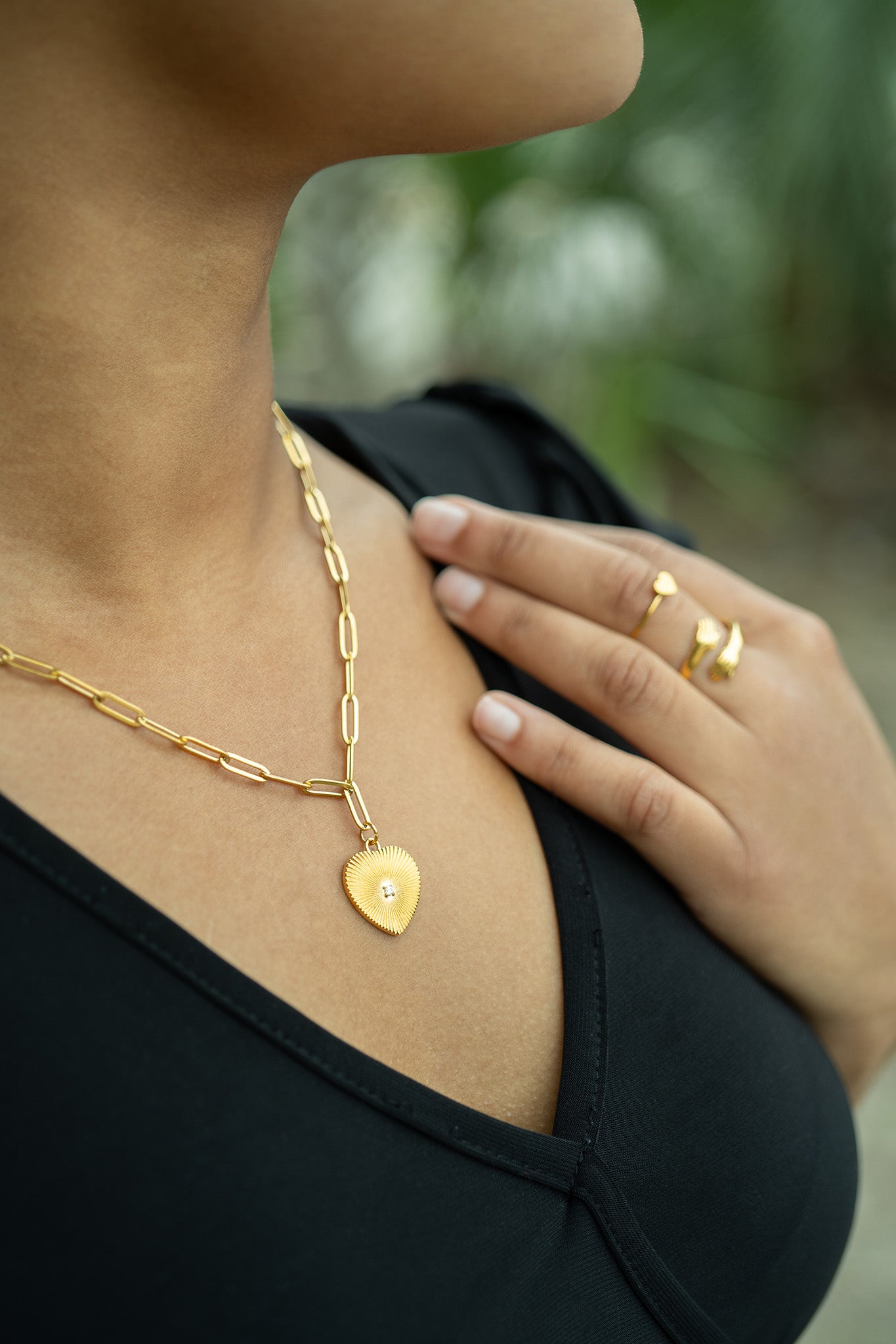 18K Gold PVD Stainless Steel Sunburst CZ Heart Paperclip Pendant Necklace / CHN9966、mySite、dreamappss