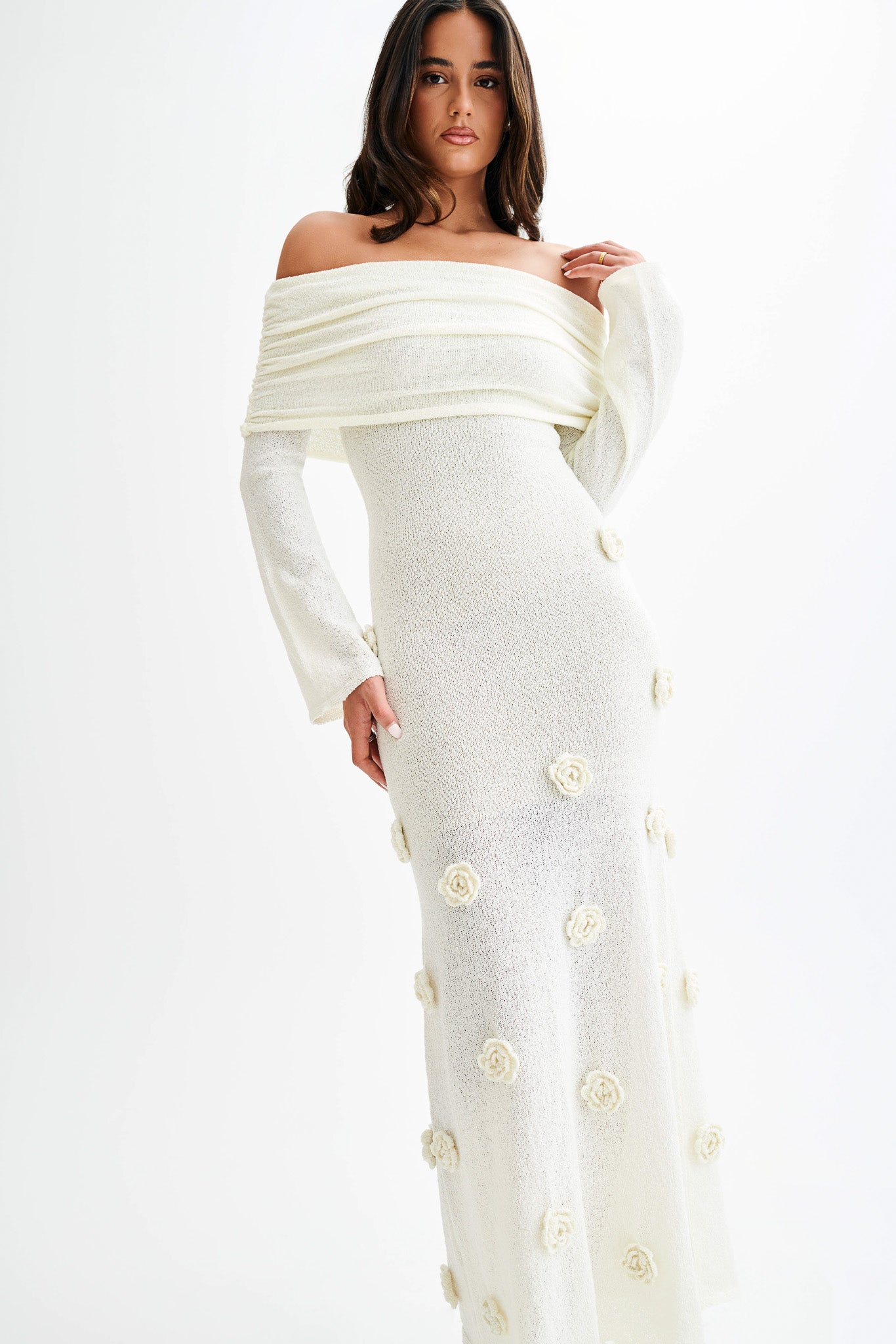 Kiki Off Shoulder Knit Rose Maxi Dress - Ivory、mySite、solidvoid