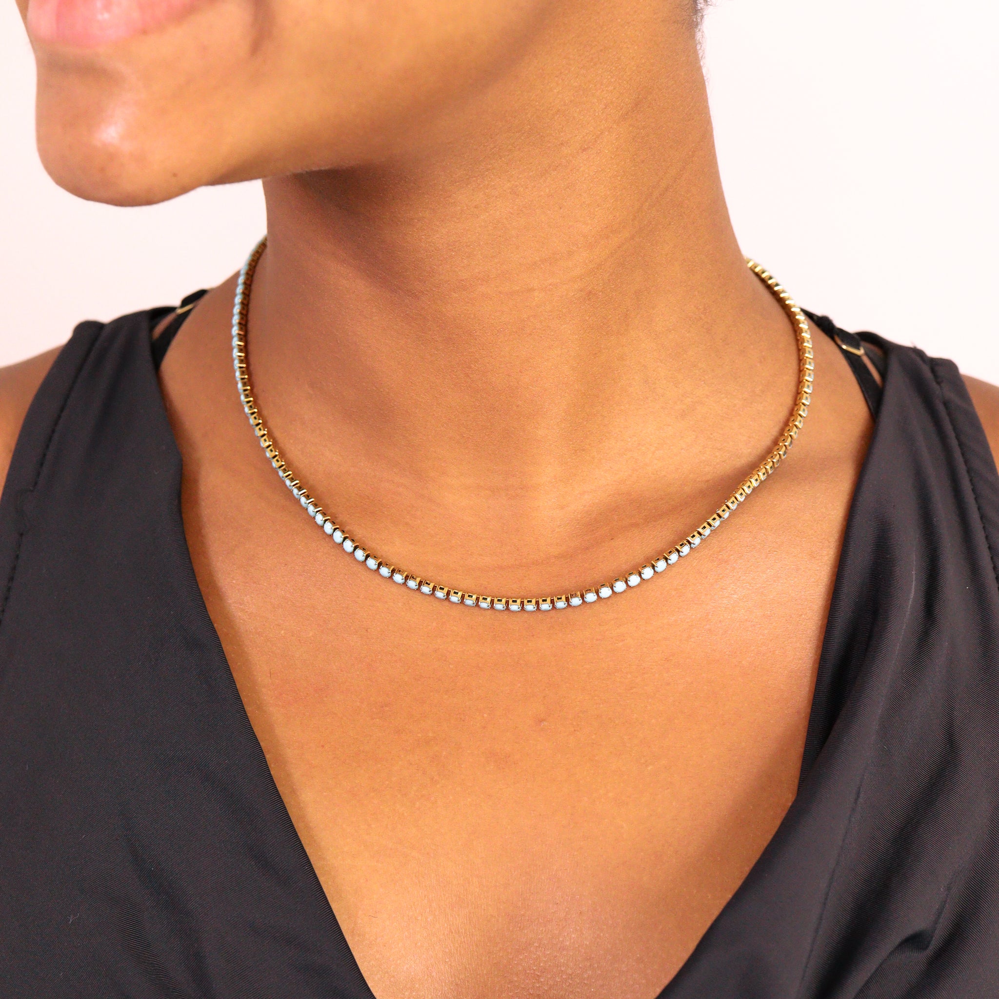 18K Gold PVD Stainless Steel Turquoise Rhinestone Tennis Chain Necklace / TNN0006、mySite、dreamappss