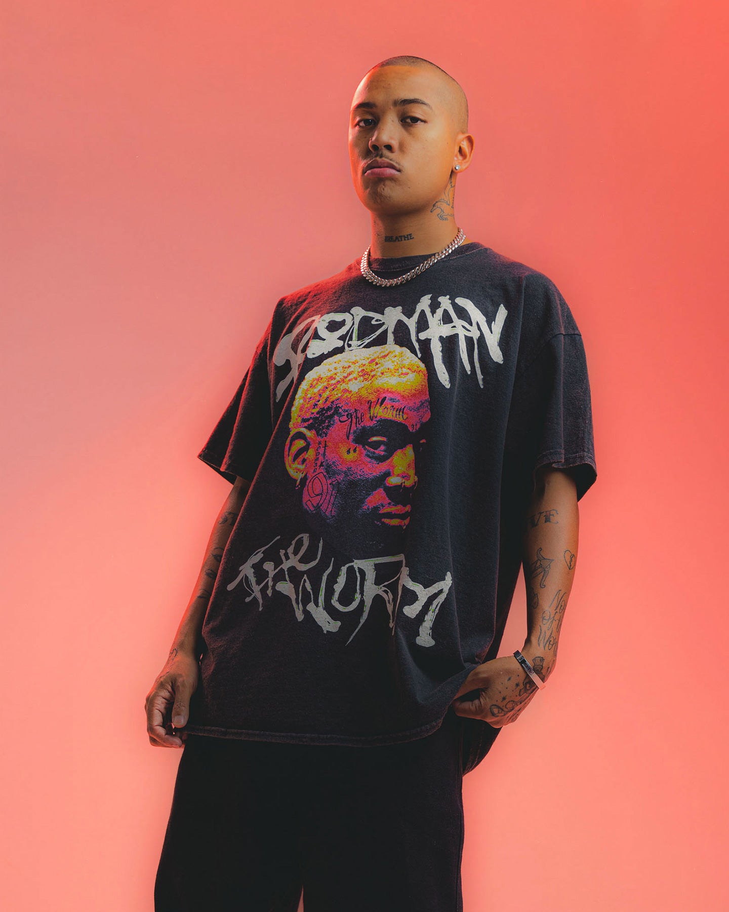 Rodman Brand The Worm Face Tats Vintage T-Shirt Black Wash、mySite、zt4zffjzw