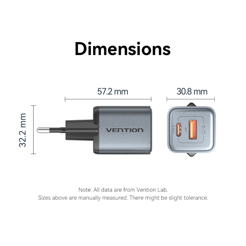 Vention 2-Port USB (C+A) GaN Charger (30W/18W) EU-Plug、mySite、fannypackpong