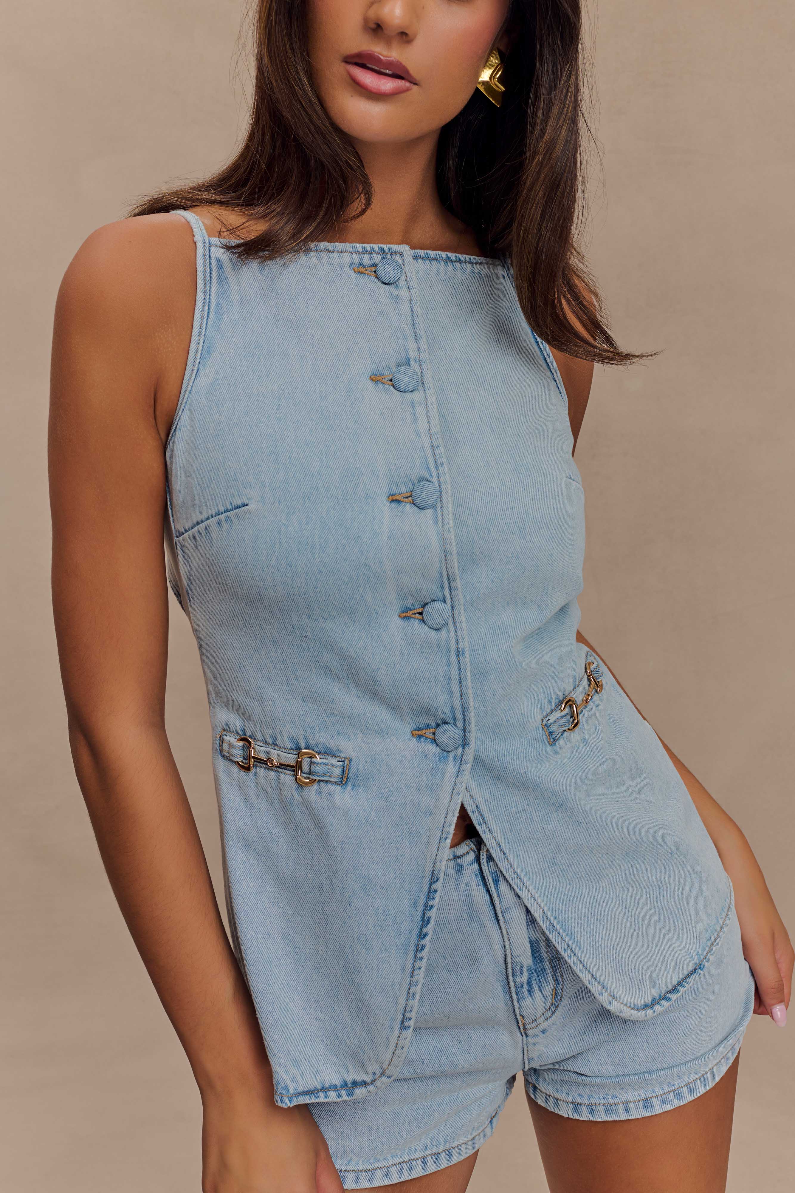 Ashton Sleeveless Button Denim Top - Light Blue、mySite、solidvoid