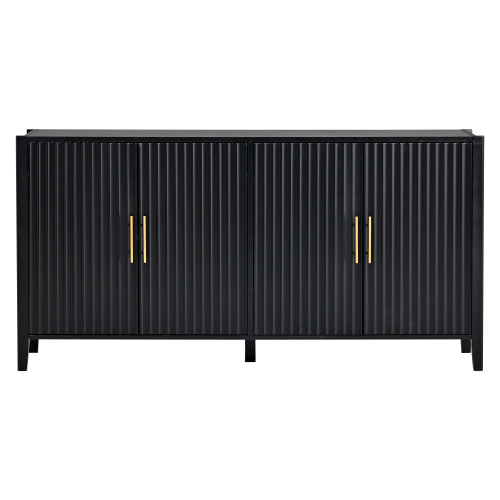 U_Style 63.1''Modern 4-Vertical Wavy Slatted Doors Sideboard,Storage Cabinet With Elegant Design, Solid Wood Legs with Painted,Metal Handles,for Dining Room,Living Room, Kitchen, or Entryway(Black)、、casual