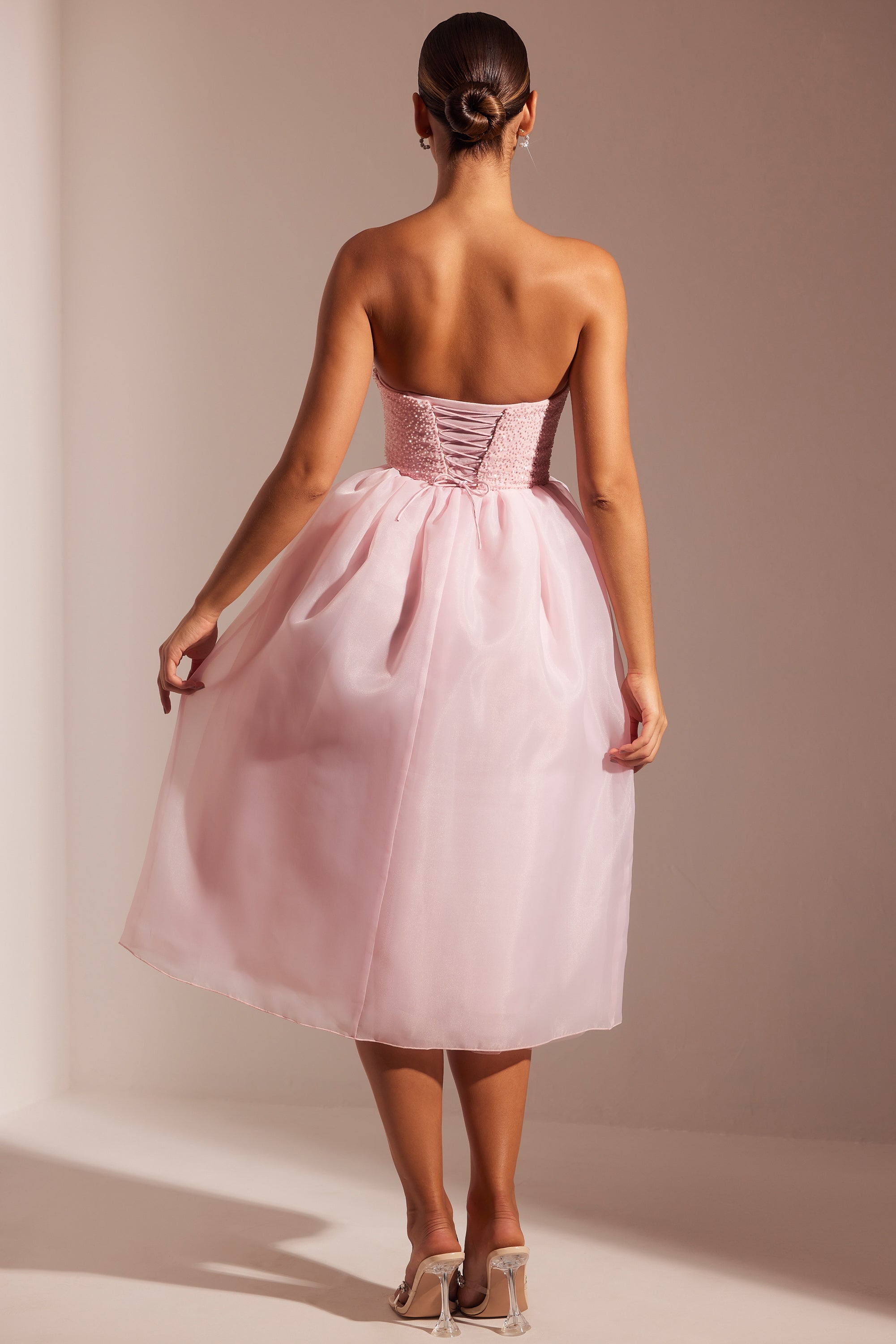 Embellished Corset Tulle Skirt Midi Dress in Blush、mySite、solidvoid