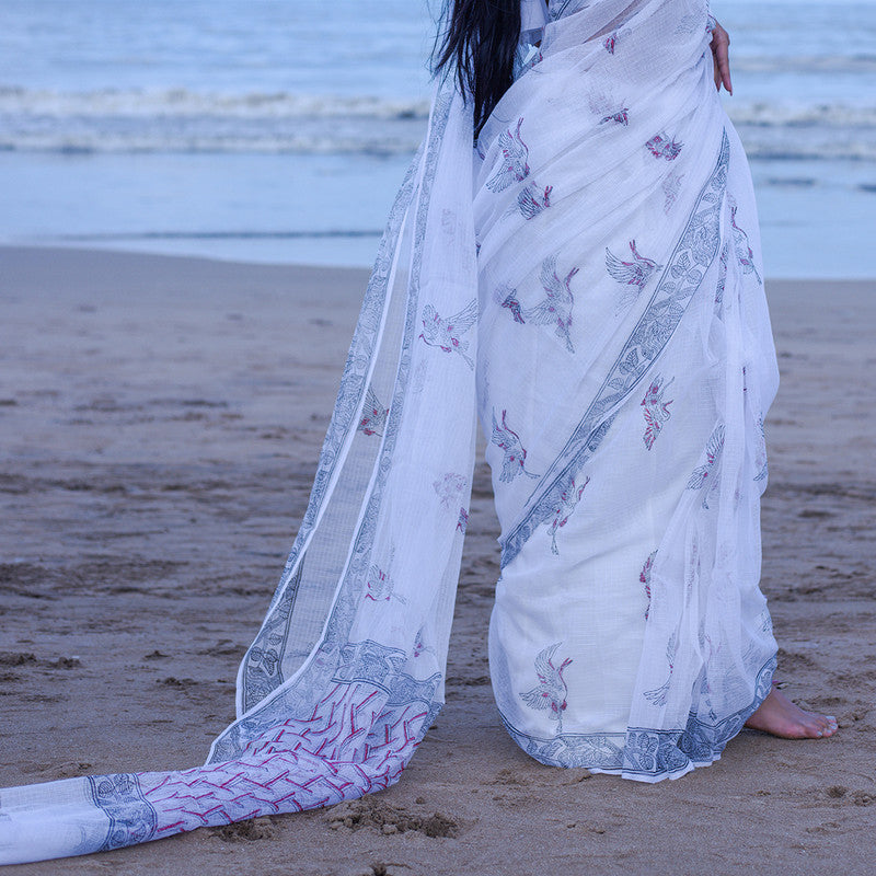 Kota Handblock Printed Saree | White & Blue、mySite、camillekostekn